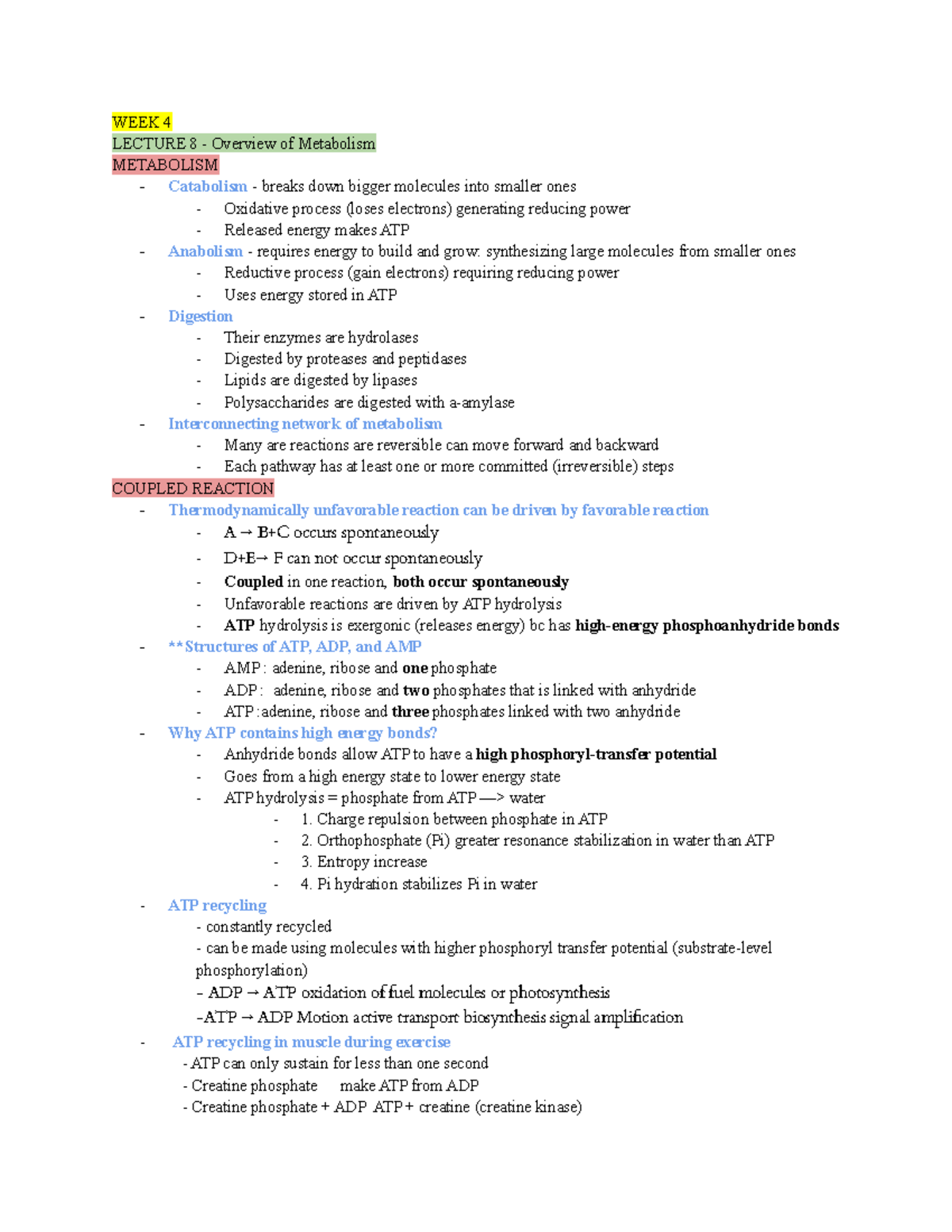 Bch100 Study Guide Midterm 2 - Week 4 Lecture 8 - Overview Of 