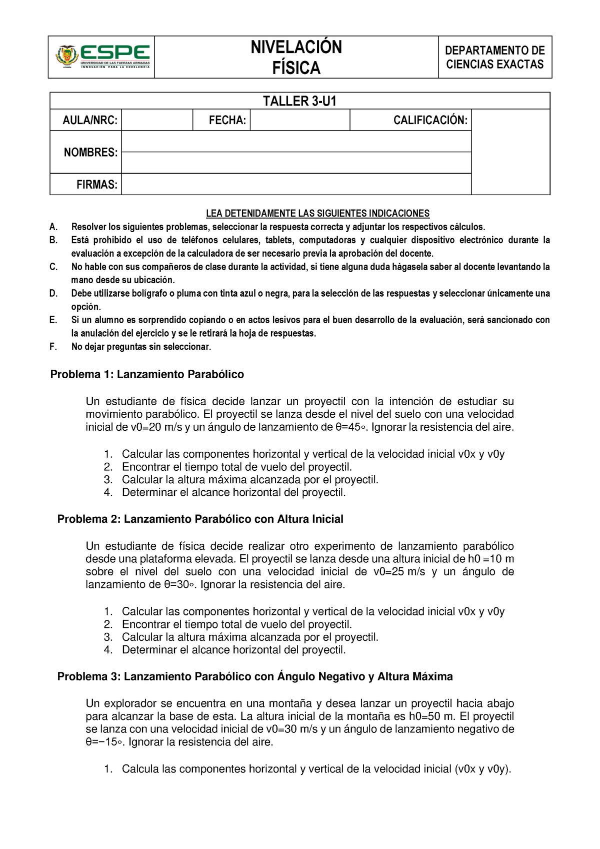 Taller 3-U1 - NIVELACIÓN FÍSICA DEPARTAMENTO DE CIENCIAS EXACTAS TALLER ...