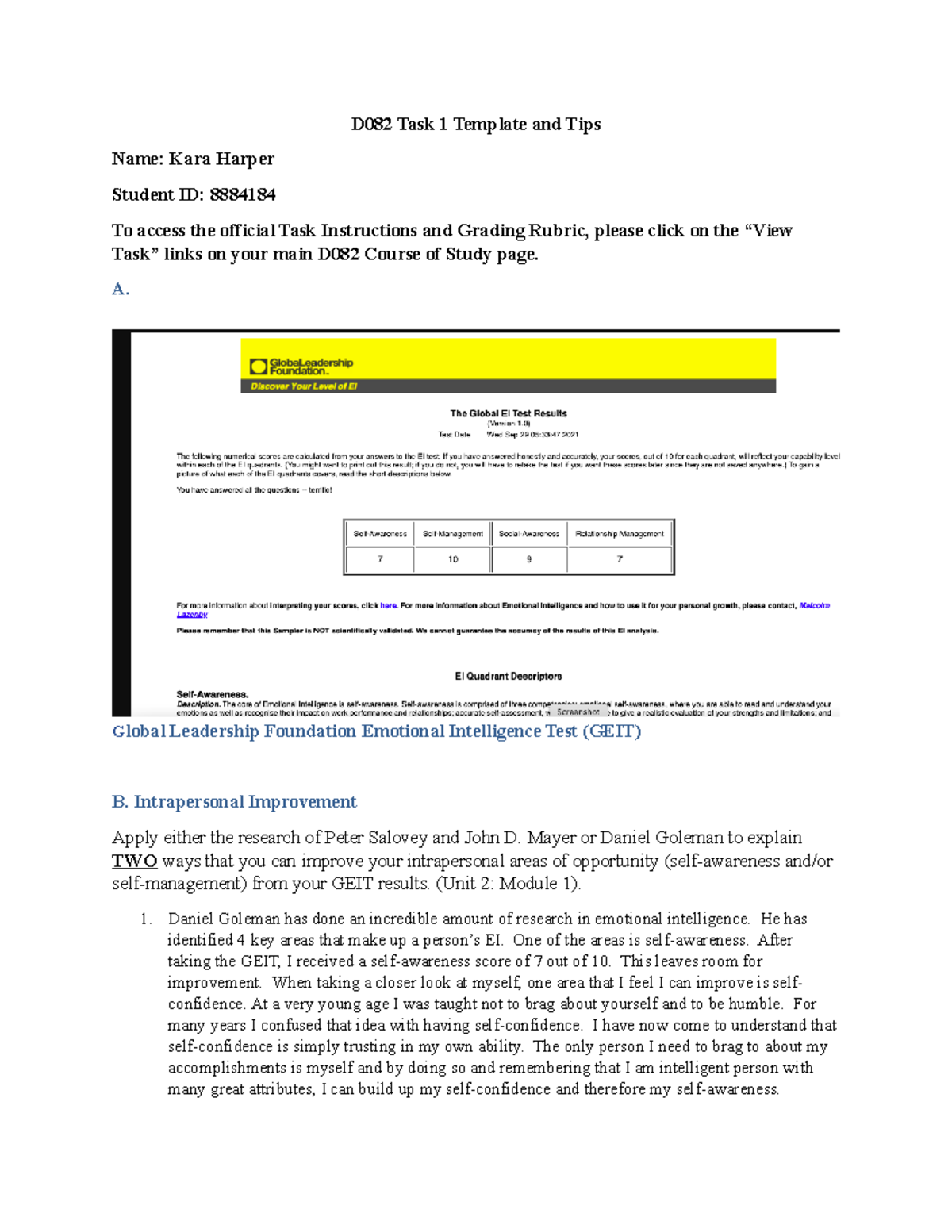 D082- Emotional and Cultural Intelligence task 1 - D082 Task 1 Template ...