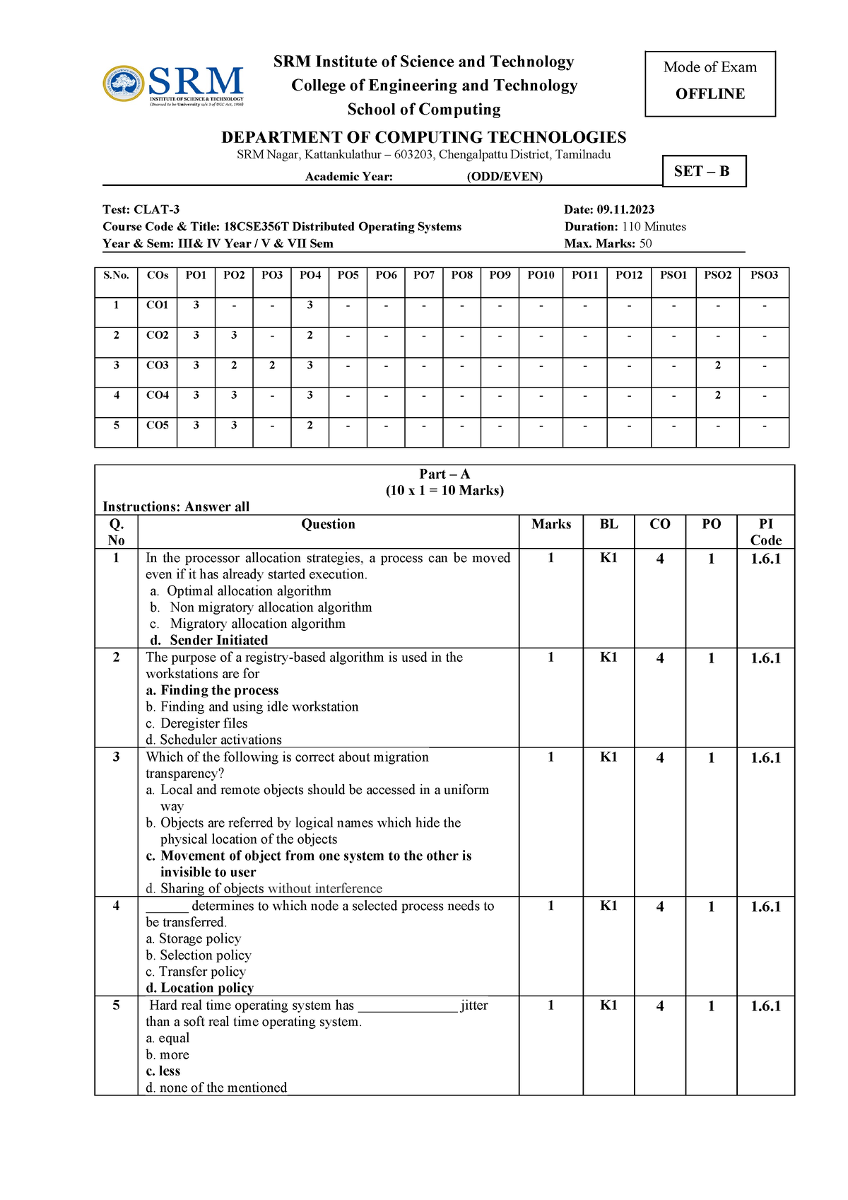 Set B Answer Key CT3 - ..... - SRM Institute Of Science And Technology ...