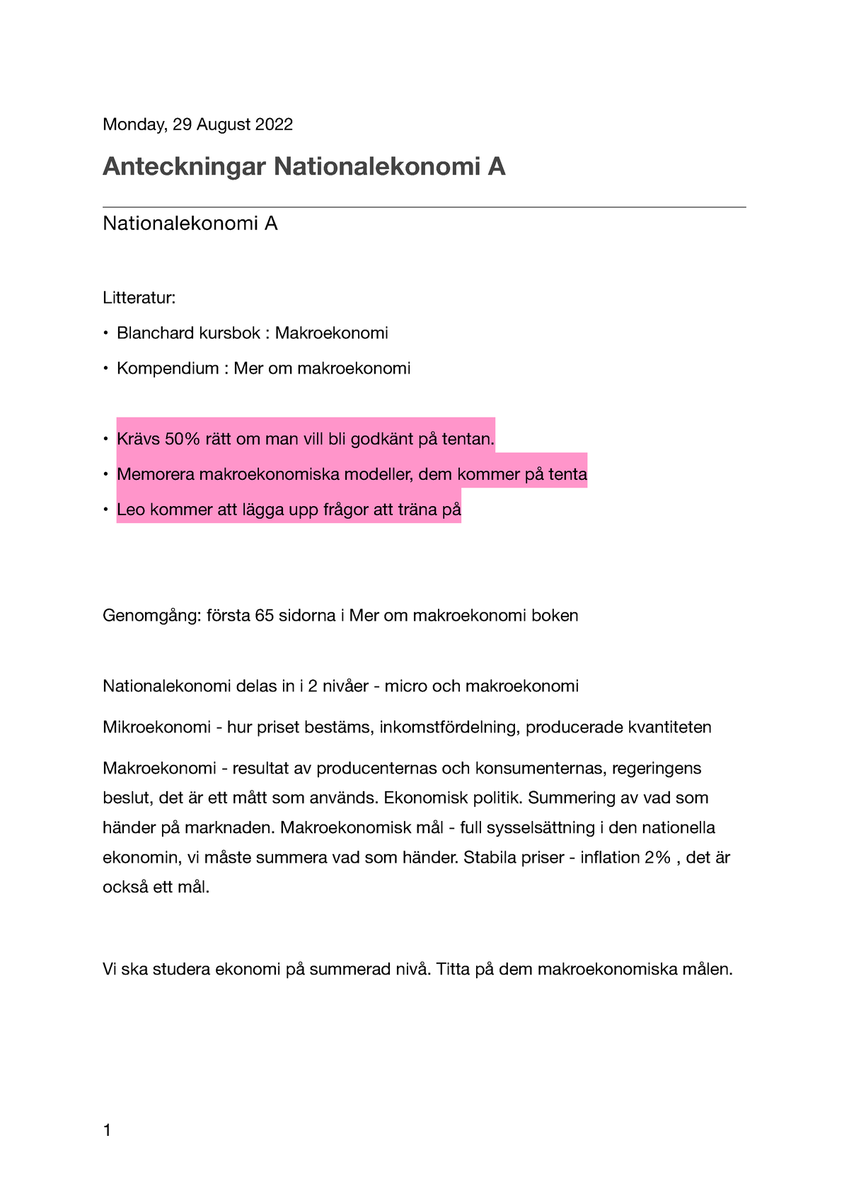 Nationalekonomi A 22:08:29 - Monday, 29 August 2022 Anteckningar ...