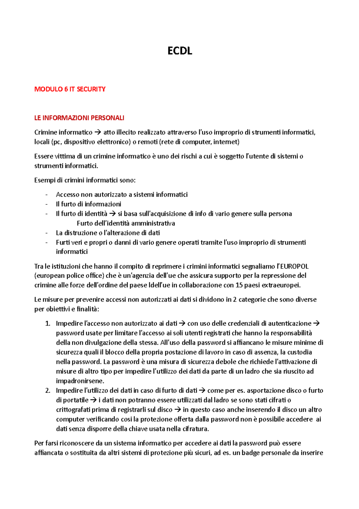 ECDL Modulo 6 - ECDL MODULO 6 IT SECURITY LE INFORMAZIONI PERSONALI ...