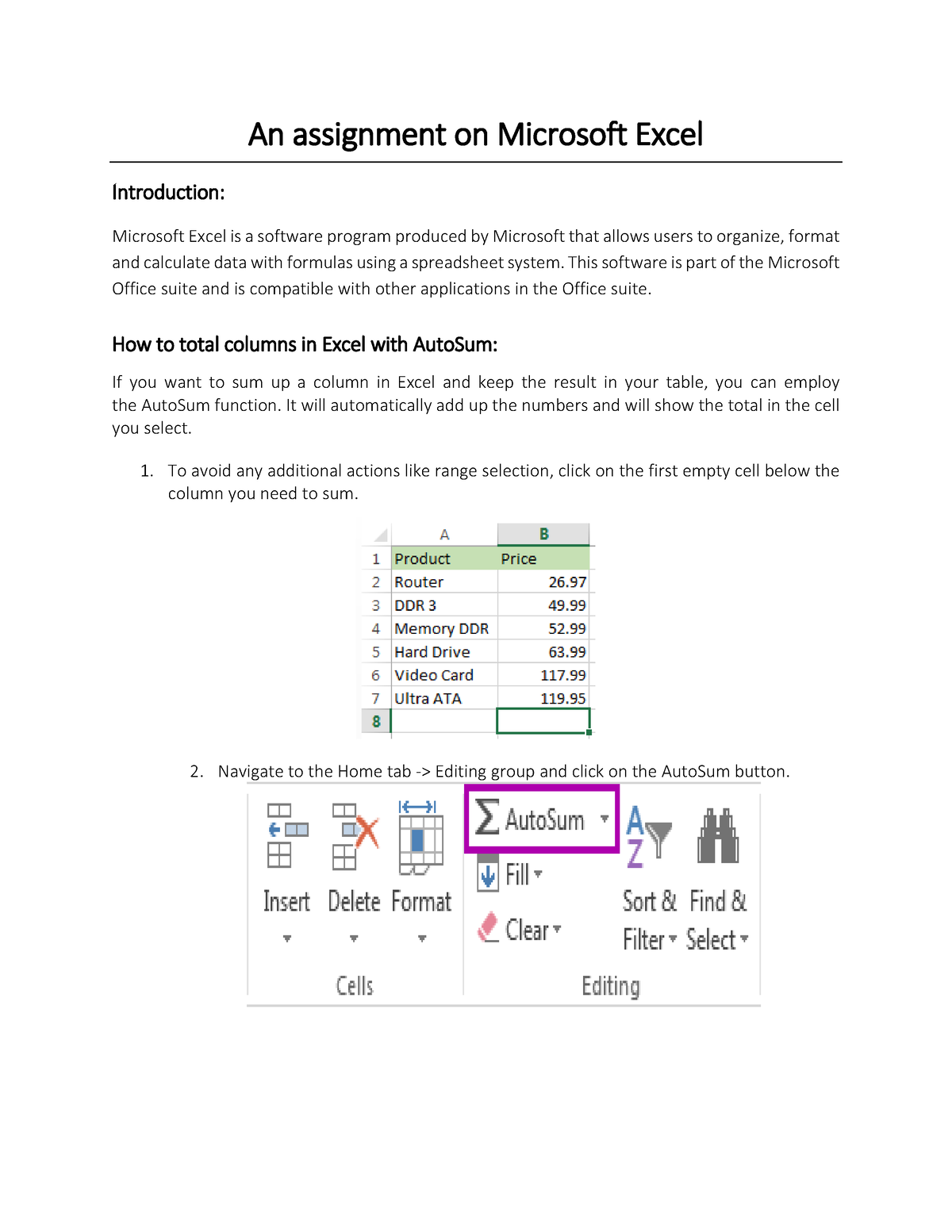 assignment microsoft excel