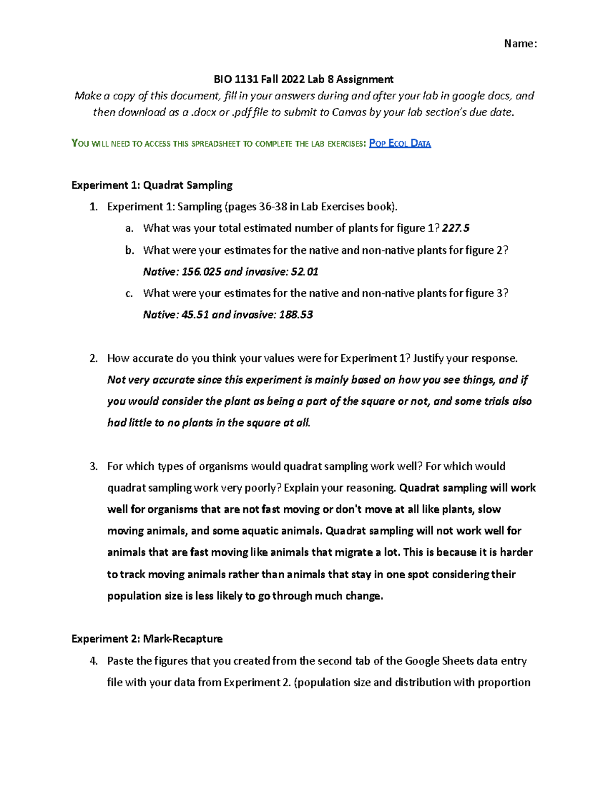 Lab 8 Bio Lab 8 Name Bio 1131 Fall 2022 Lab 8 Assignment Make A Copy Of This Document Fill