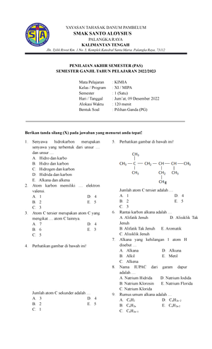 Soal Pas Kimia Kelas X - YAYASAN TAHASAK DANUM PAMBELUM SMAK SANTO ...