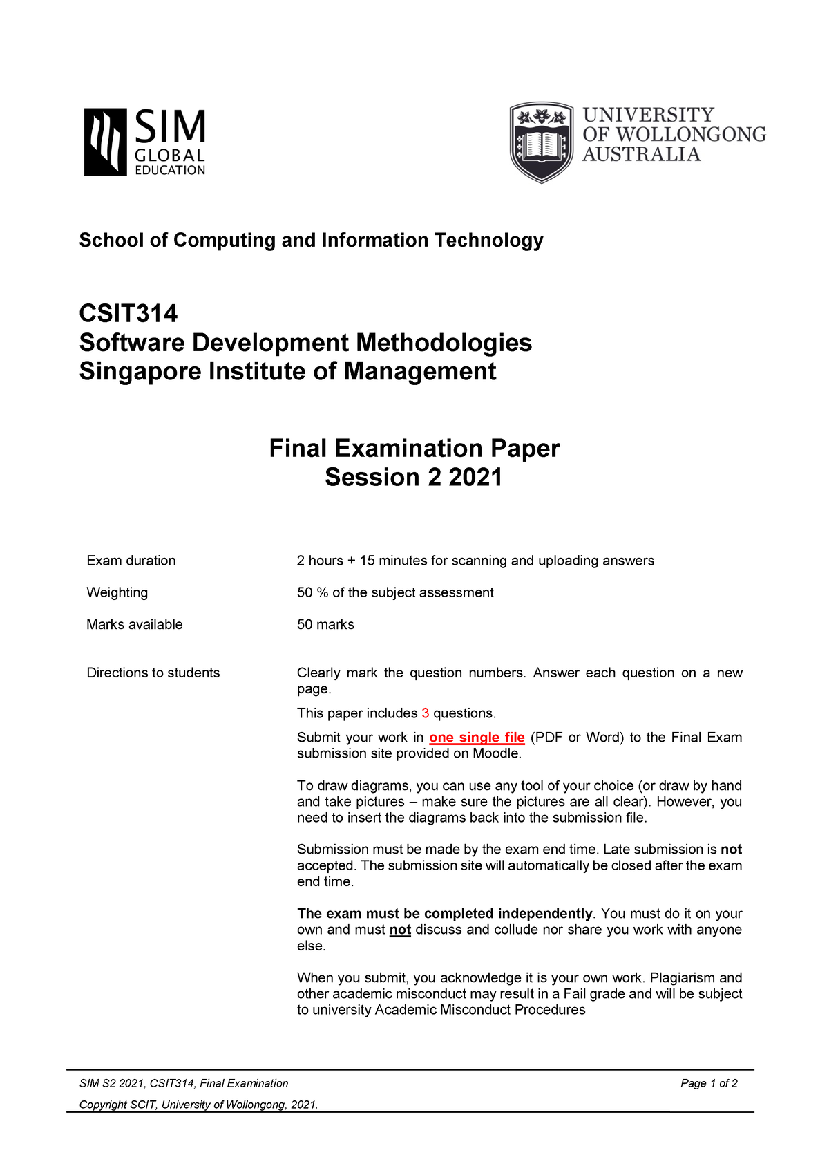 SIM 2021 S2 CSIT314 Open Book - SIM S2 2021 , CSIT314, Final ...