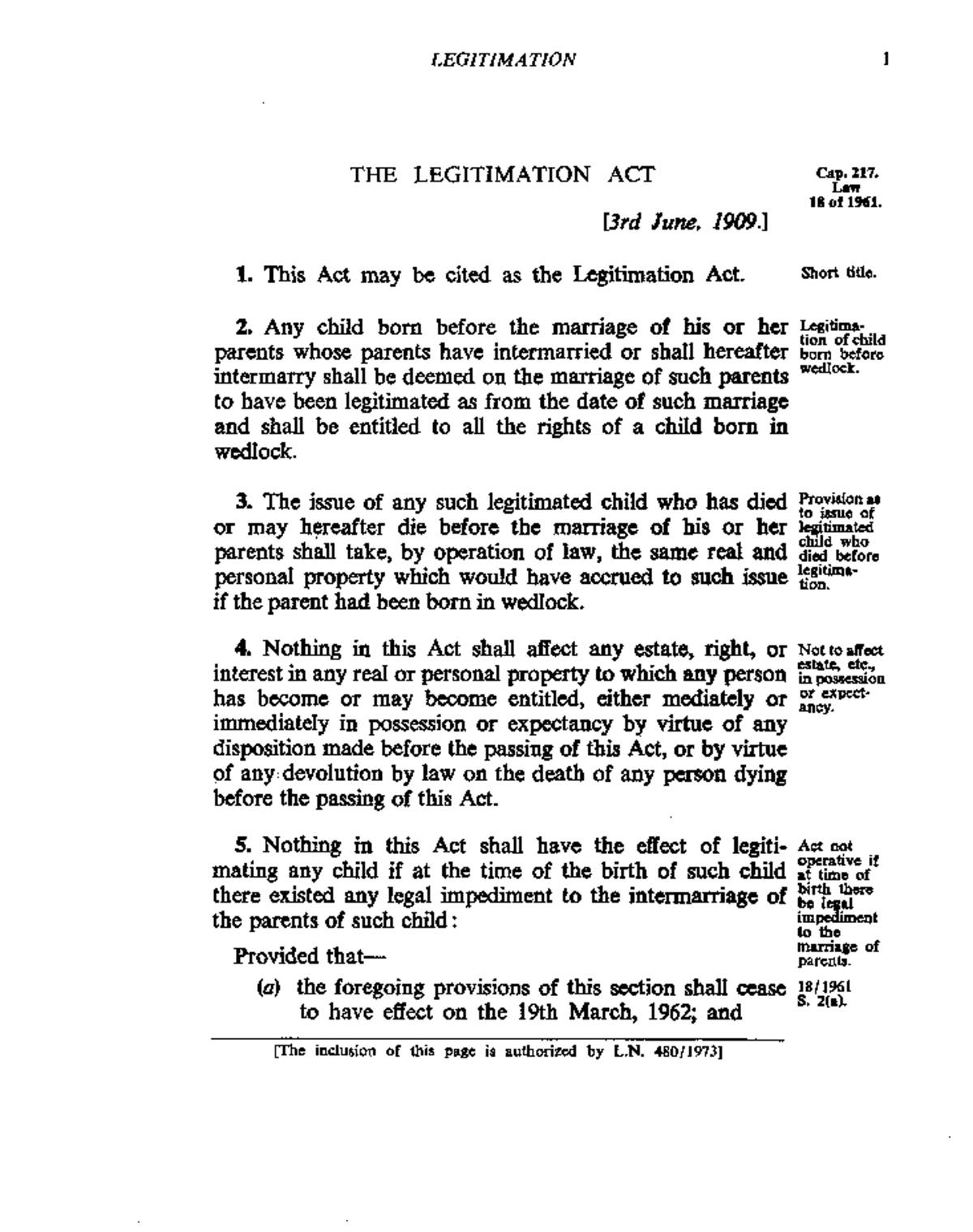 Legitimation Act - LEGITIMATION I Cap. 217. Law 18 Of 1961. THE ...