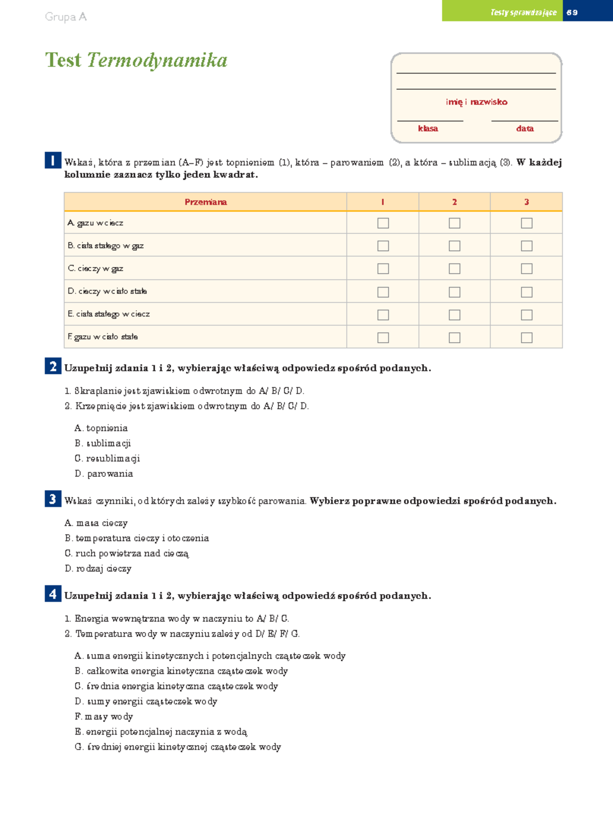 [Test 7] Termodynamika [A] - 6969 imię i nazwisko klasa data Grupa A
