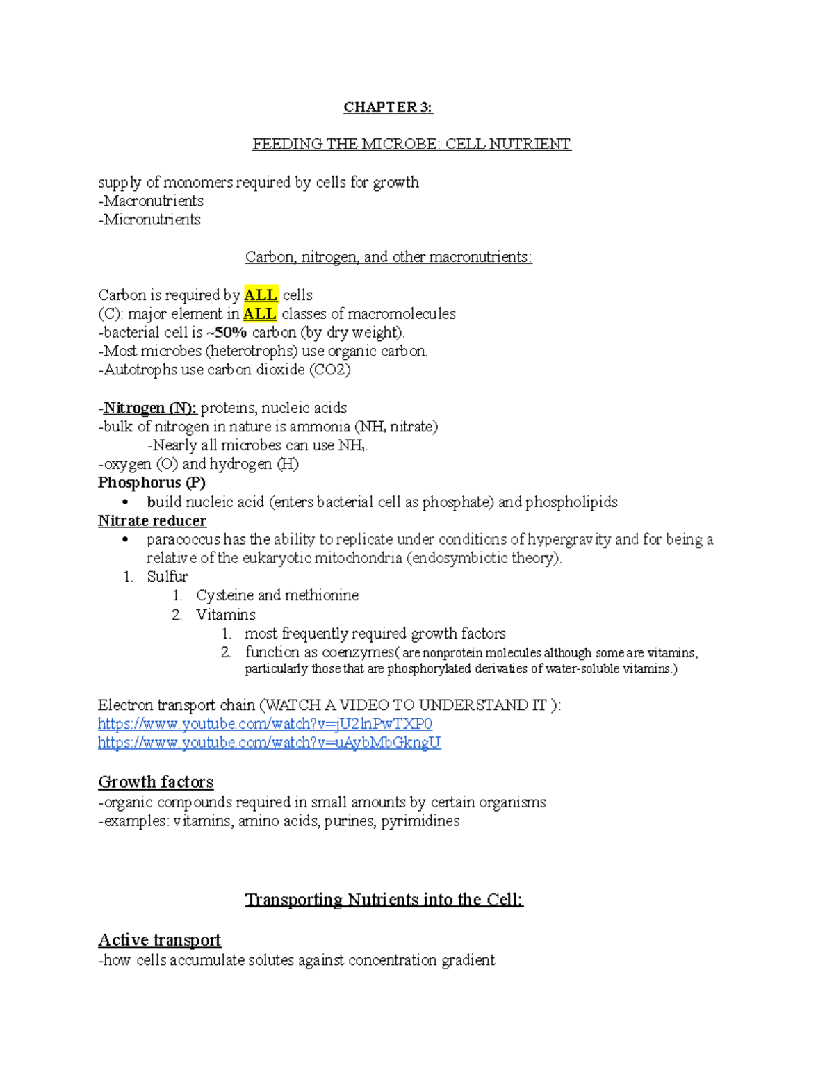 Chapter 3 - Lecture notes 3 - CHAPTER 3: FEEDING THE MICROBE: CELL ...