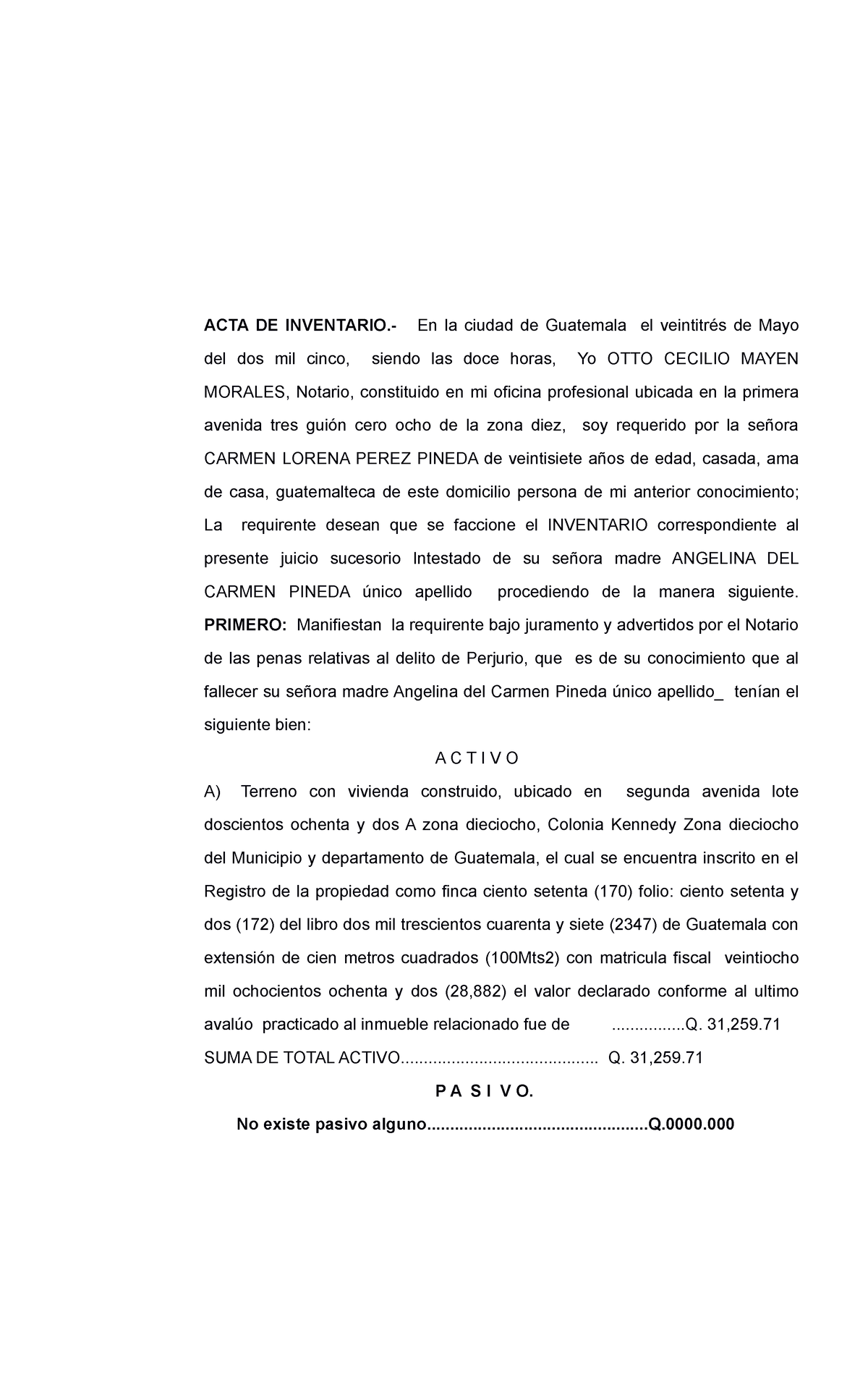 Acta De Inventario Intestado De Don Chalo Acta De Inventario En La Ciudad De Guatemala El 9480