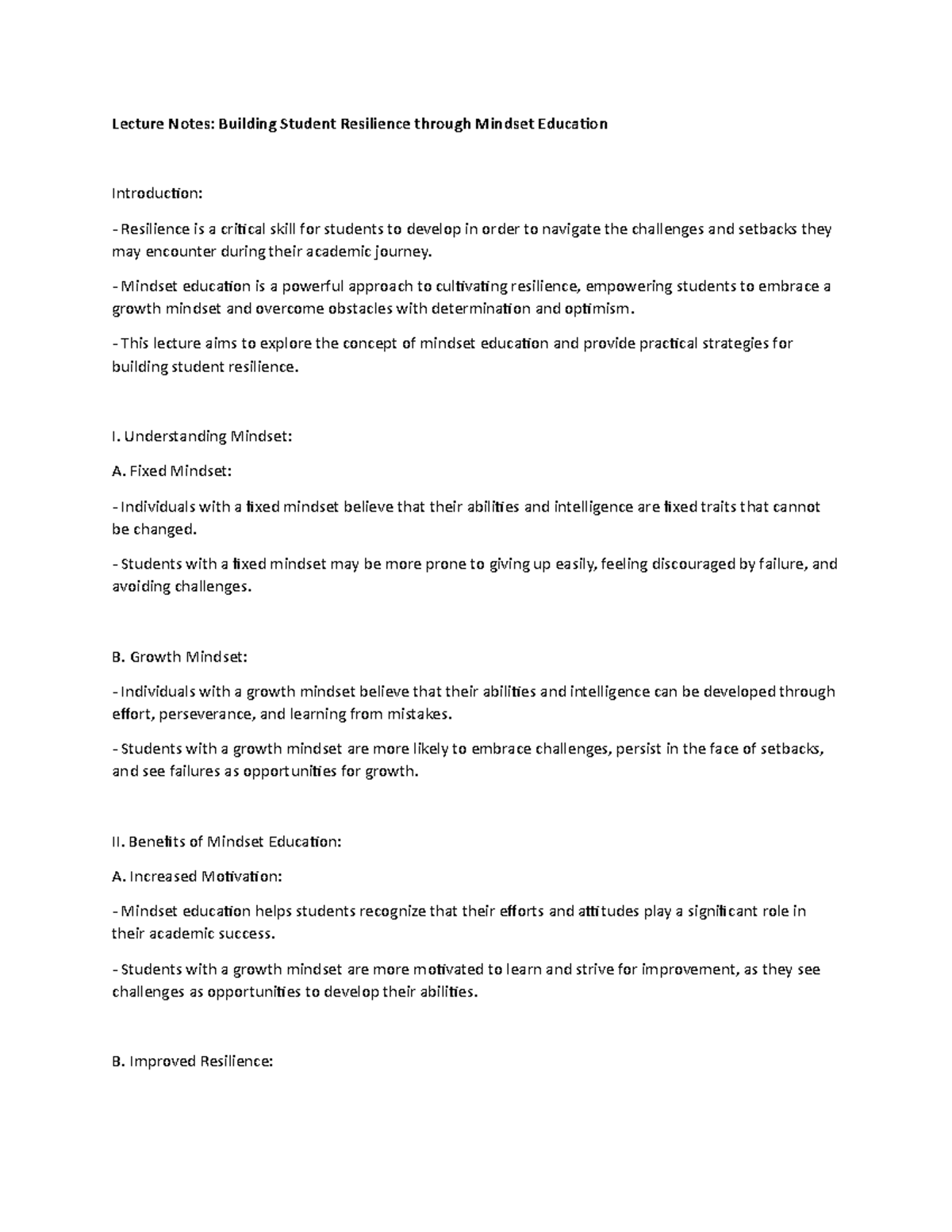 Lecture Notes: Building Student Resilience through Mindset Education ...