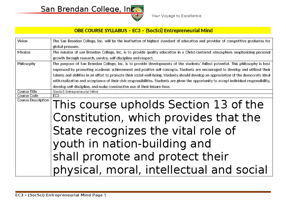 EC3 - (Soc Sci) Entrepeneurial Mind - Your Voyage to Excellence OBE ...