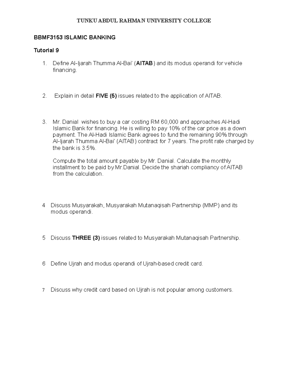 Tutorial 9 BBMF3153 Islamic Banking - TUNKU ABDUL RAHMAN UNIVERSITY ...