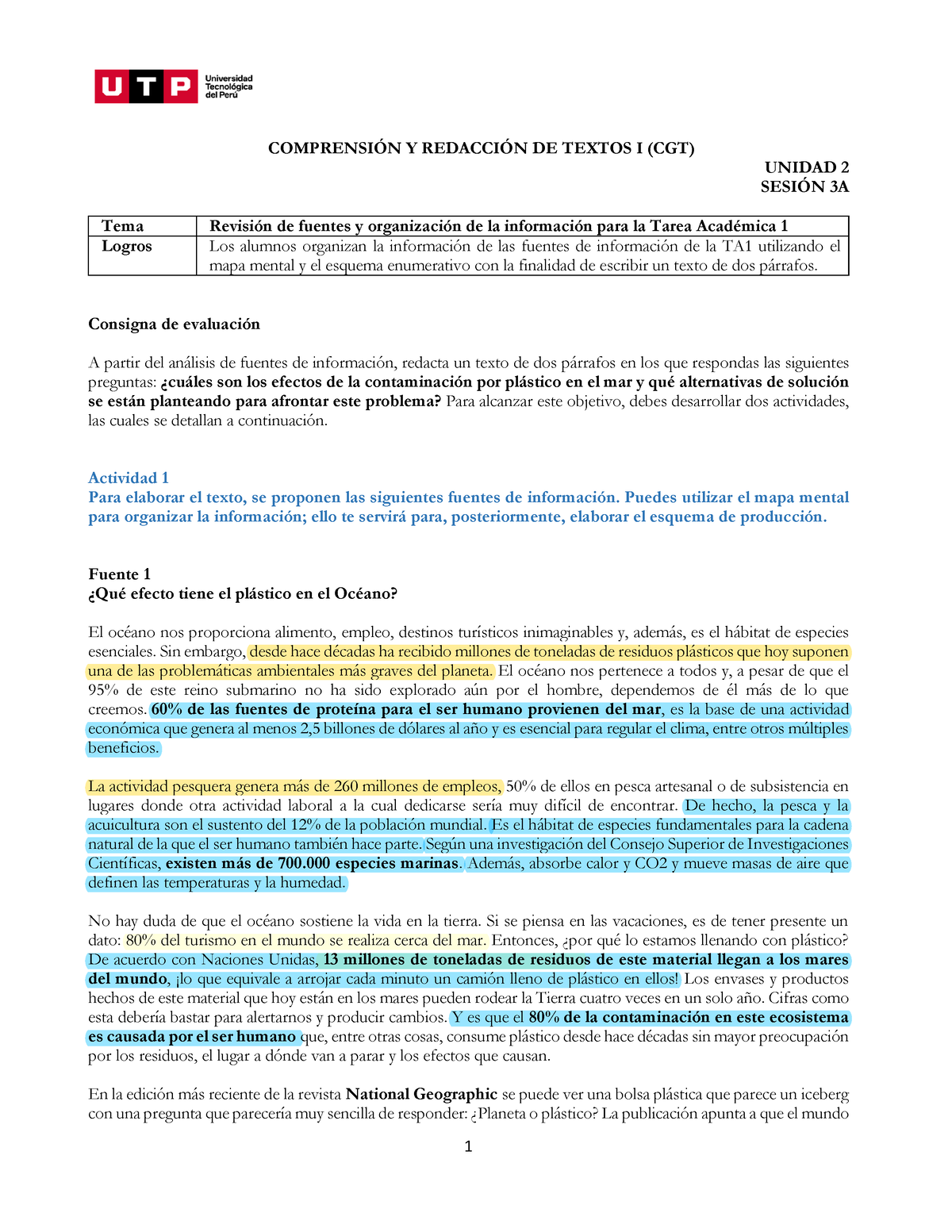 Fuentes De Información TA01 Subrayado - COMPRENSI”N Y REDACCI”N DE ...