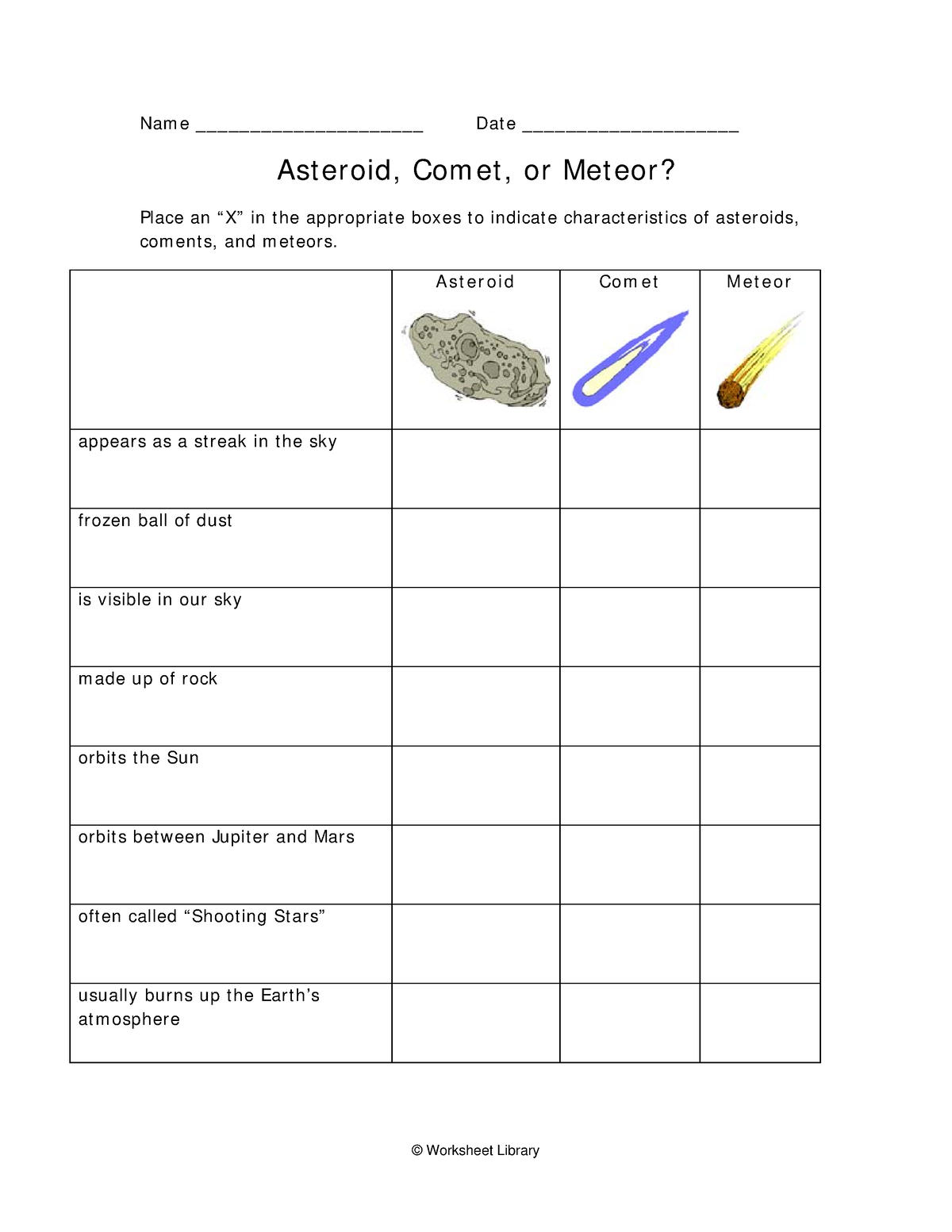 Comets,asteroids,meteors WS - © Worksheet Library Name ...