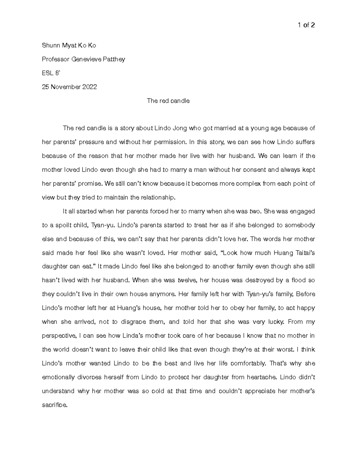 Essay 2 The red candle from joy luck club, Do families in China love