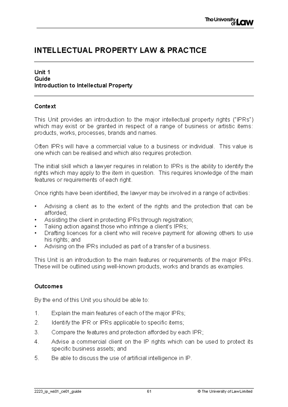 2223 ip ws01 ce01 guide - INTELLECTUAL PROPERTY LAW & PRACTICE Unit 1 ...