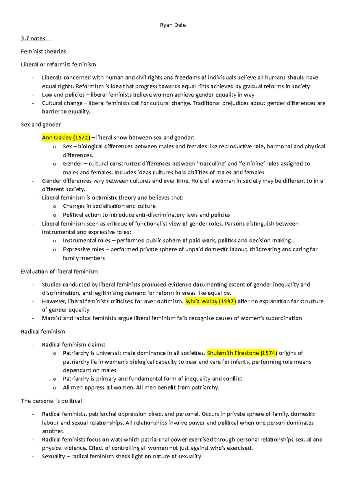 Feminist theories - Ryan Dale 3 notes Feminist theories Liberal or  reformist feminism Liberals - Studocu