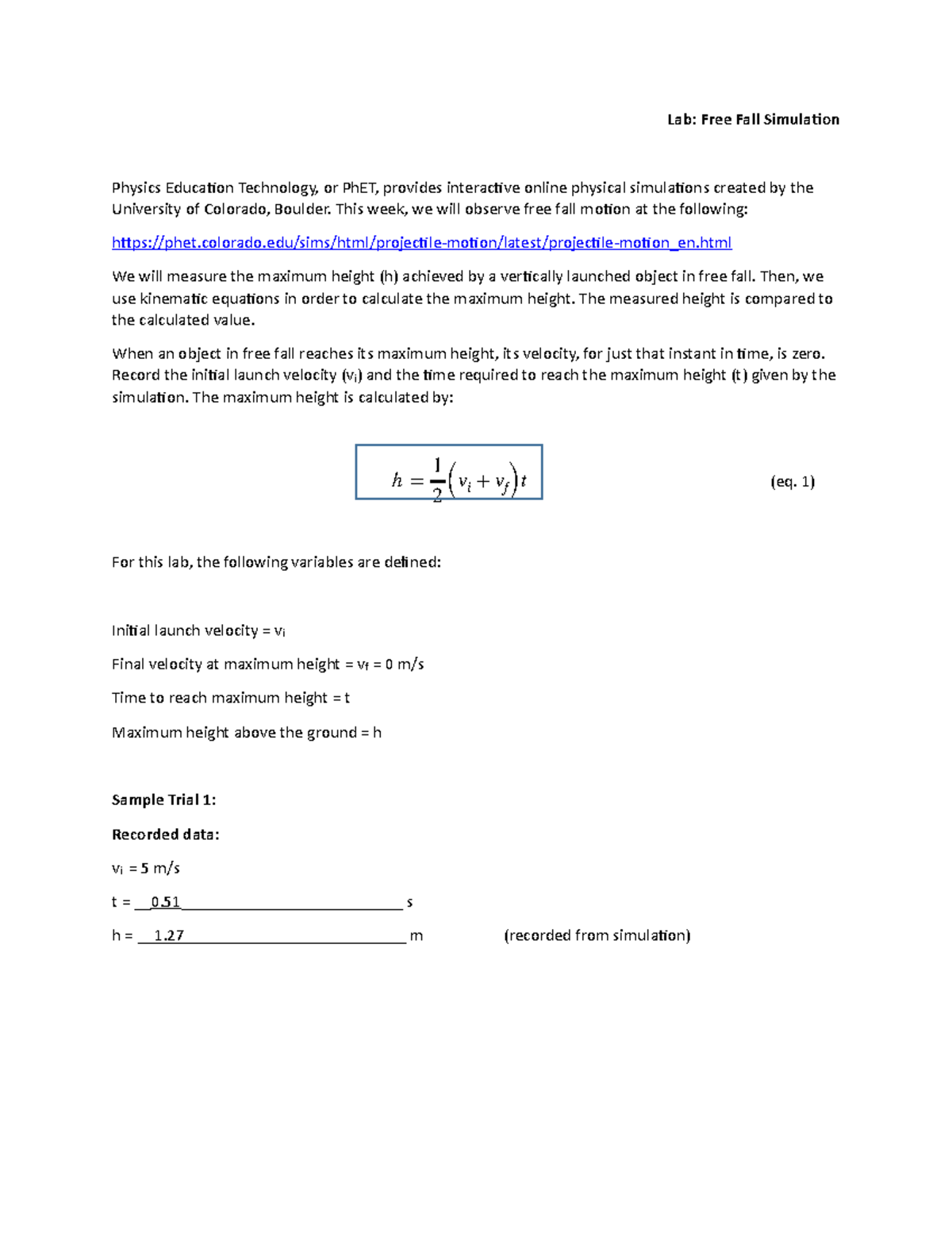Free Fall Simulation Lab Lab Free Fall Simula Physics Educa,on