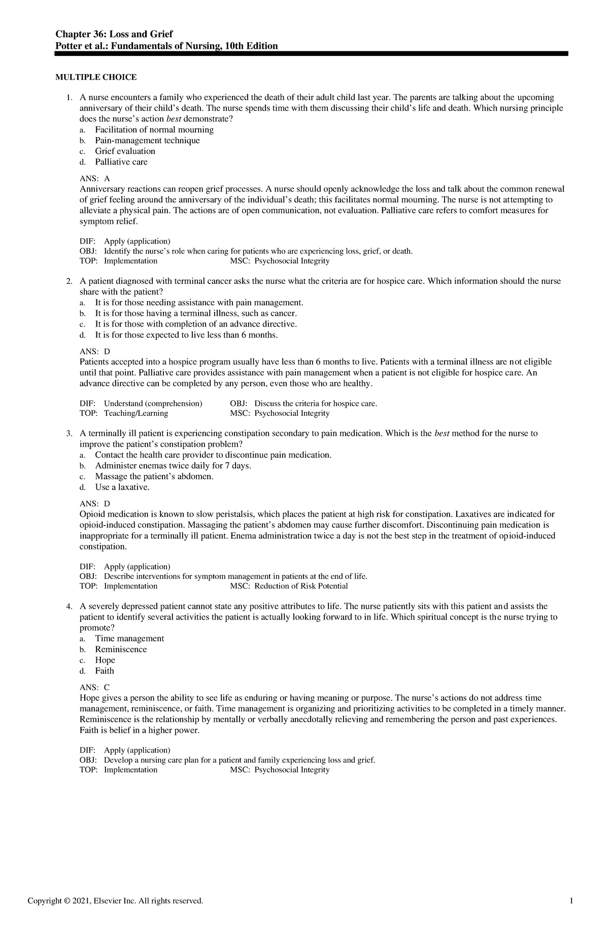 Exam View - Chapter 36 - Fundamentals of Nursing - Chapter 36: Loss and ...