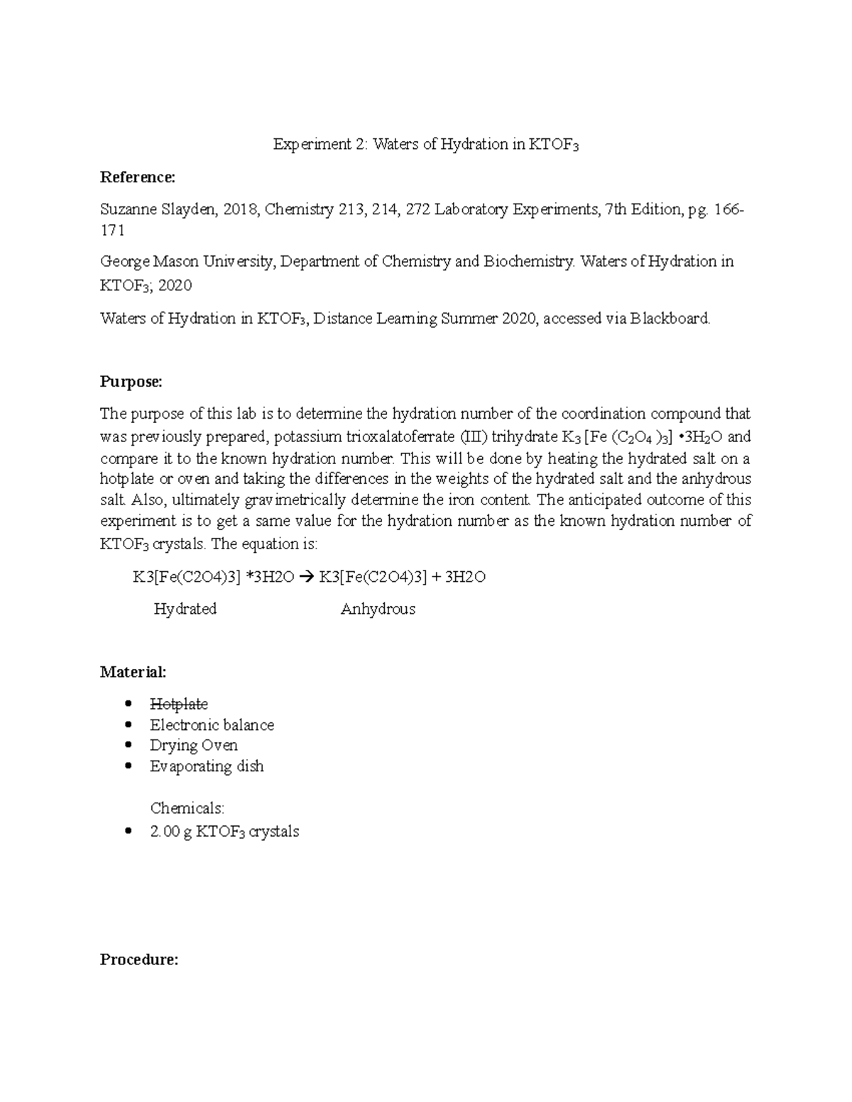 Chem 2 lab 3 - Chemistry lab report - Experiment 2: Waters of Hydration ...