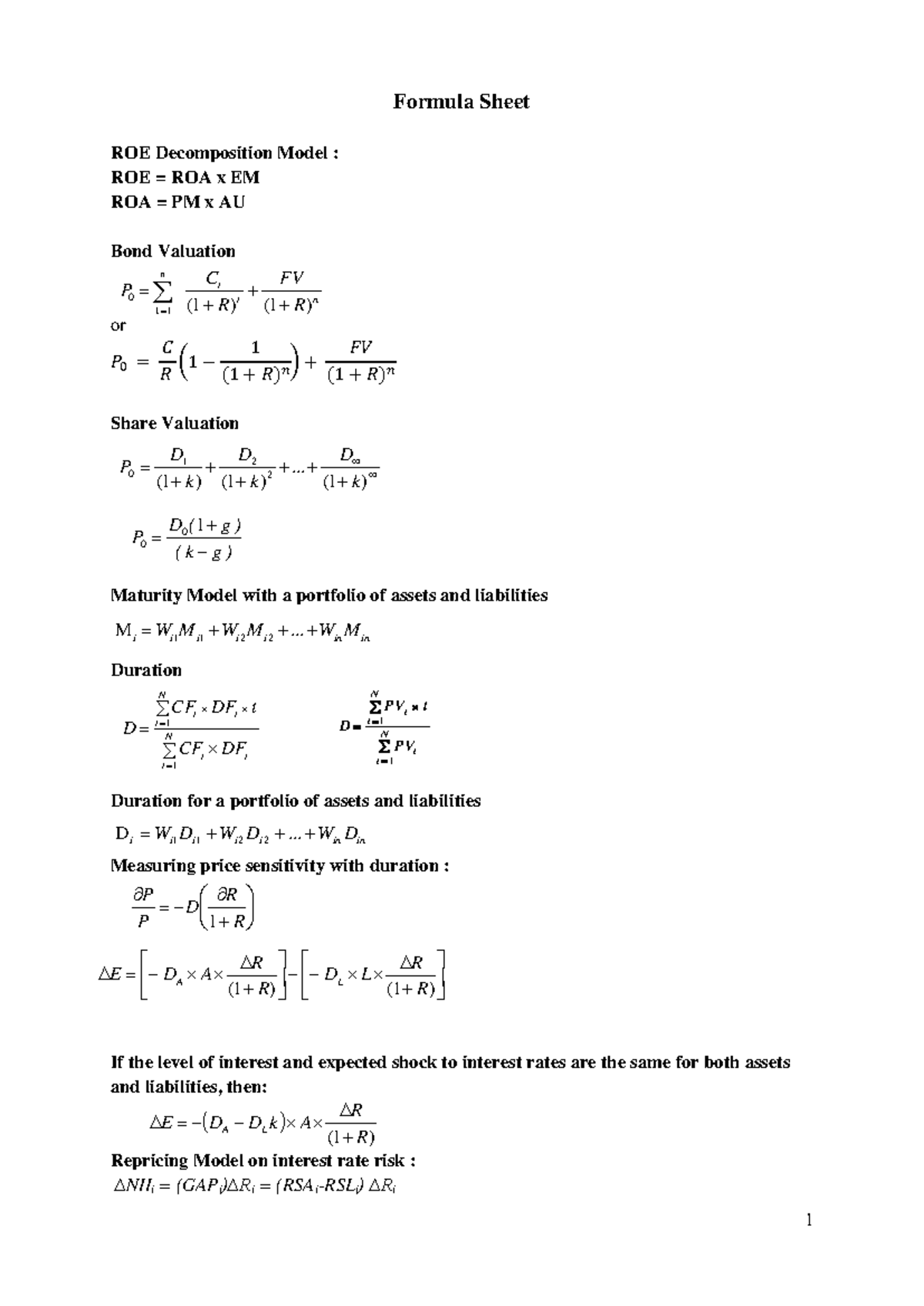 Formula Sheet - Notes - 1 Formula Sheet ROE Decomposition Model : ROE ...