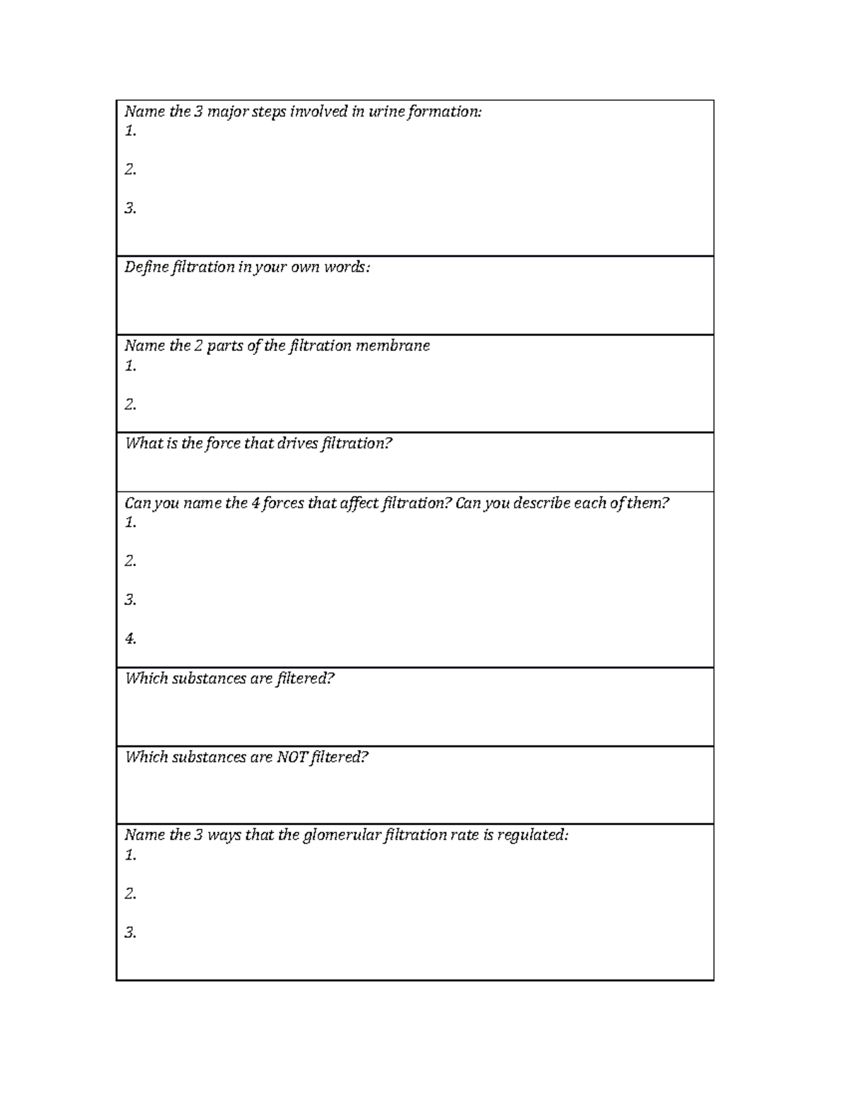 Urine formation worksheet (bio 214) - Name the 3 major steps involved ...