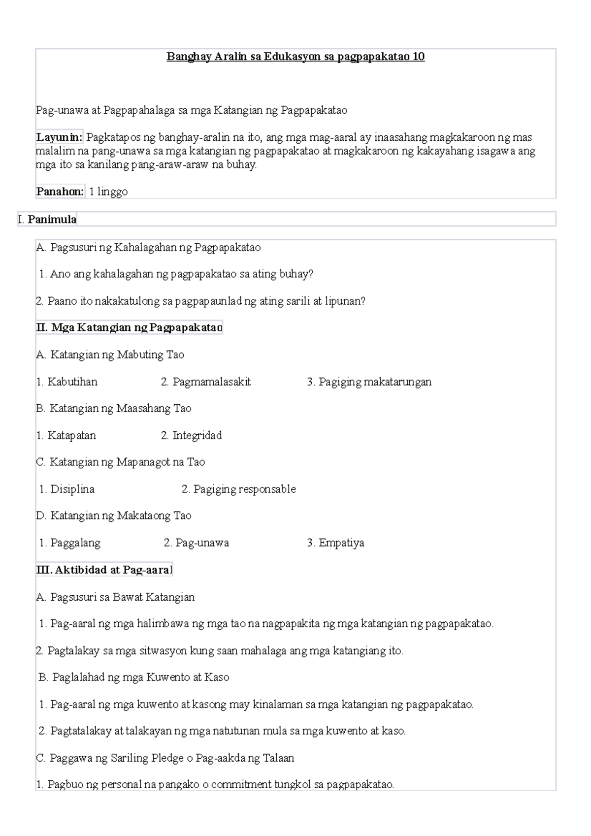 Es P-10-1 - Notes - Banghay Aralin Sa Edukasyon Sa Pagpapakatao 10 Pag ...