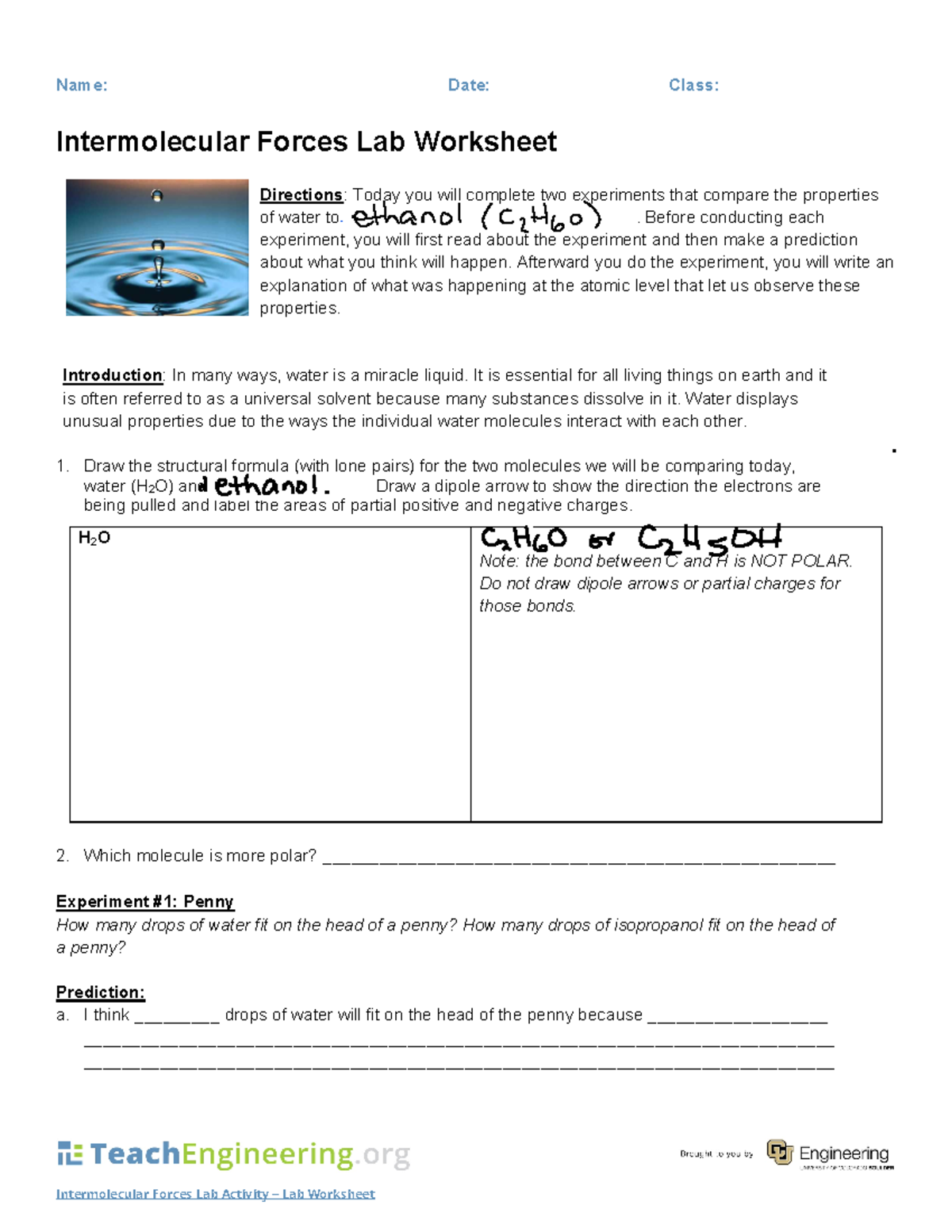 Surface Tension and Intermolecular Forces Activity Intermolecular