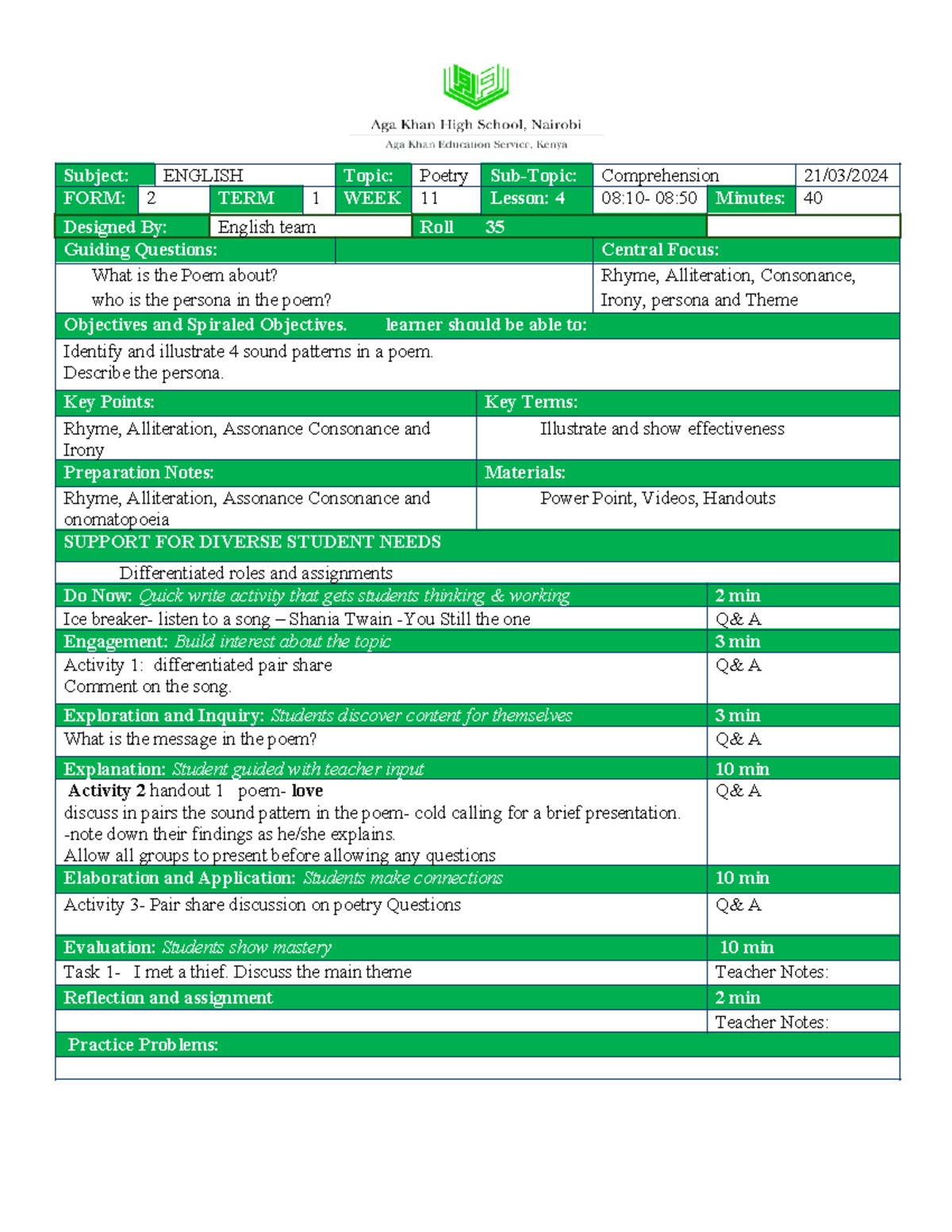 Lesson Plan 2B - XWFGEHET - Subject: ENGLISH Topic: Poetry Sub-Topic ...