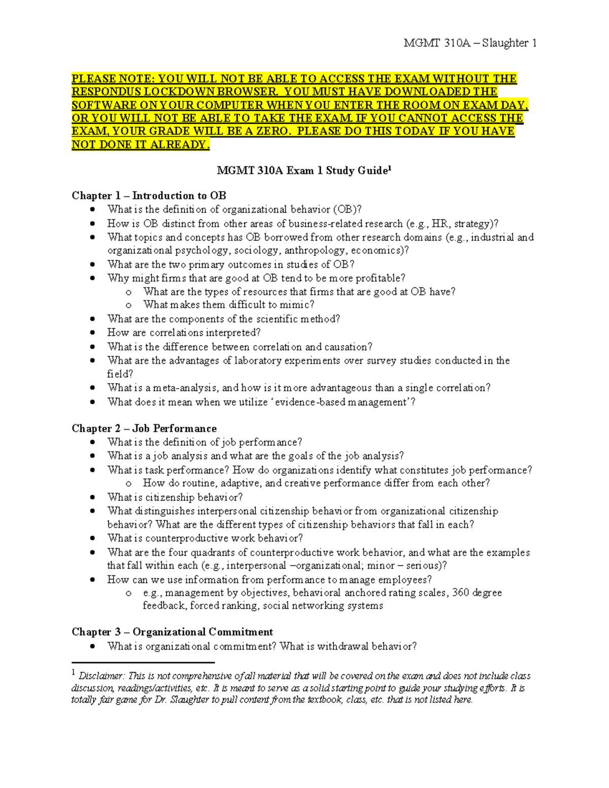 MGMT 310A Exam 1 Study Guide - Fall 2021 - MGMT 310A – Slaughter 1 ...