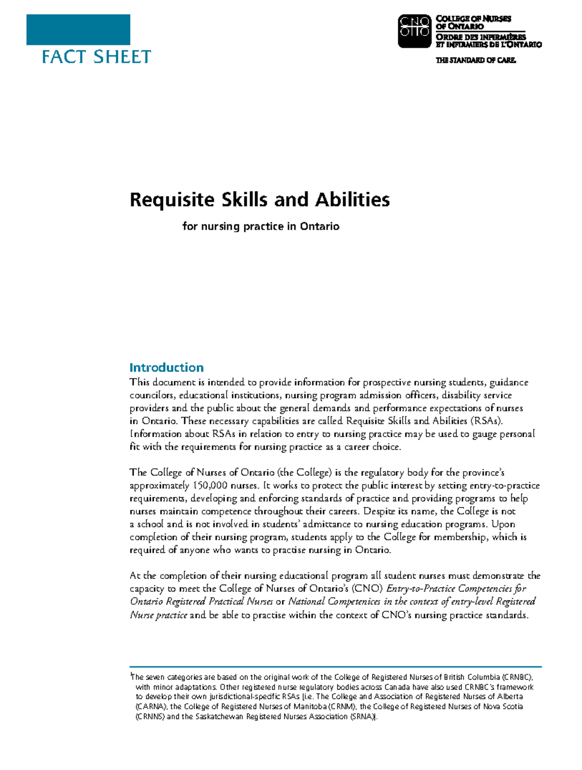 DOS Fact Sheet - Fact Sheet Requisite Skills and Abilities for nursing ...