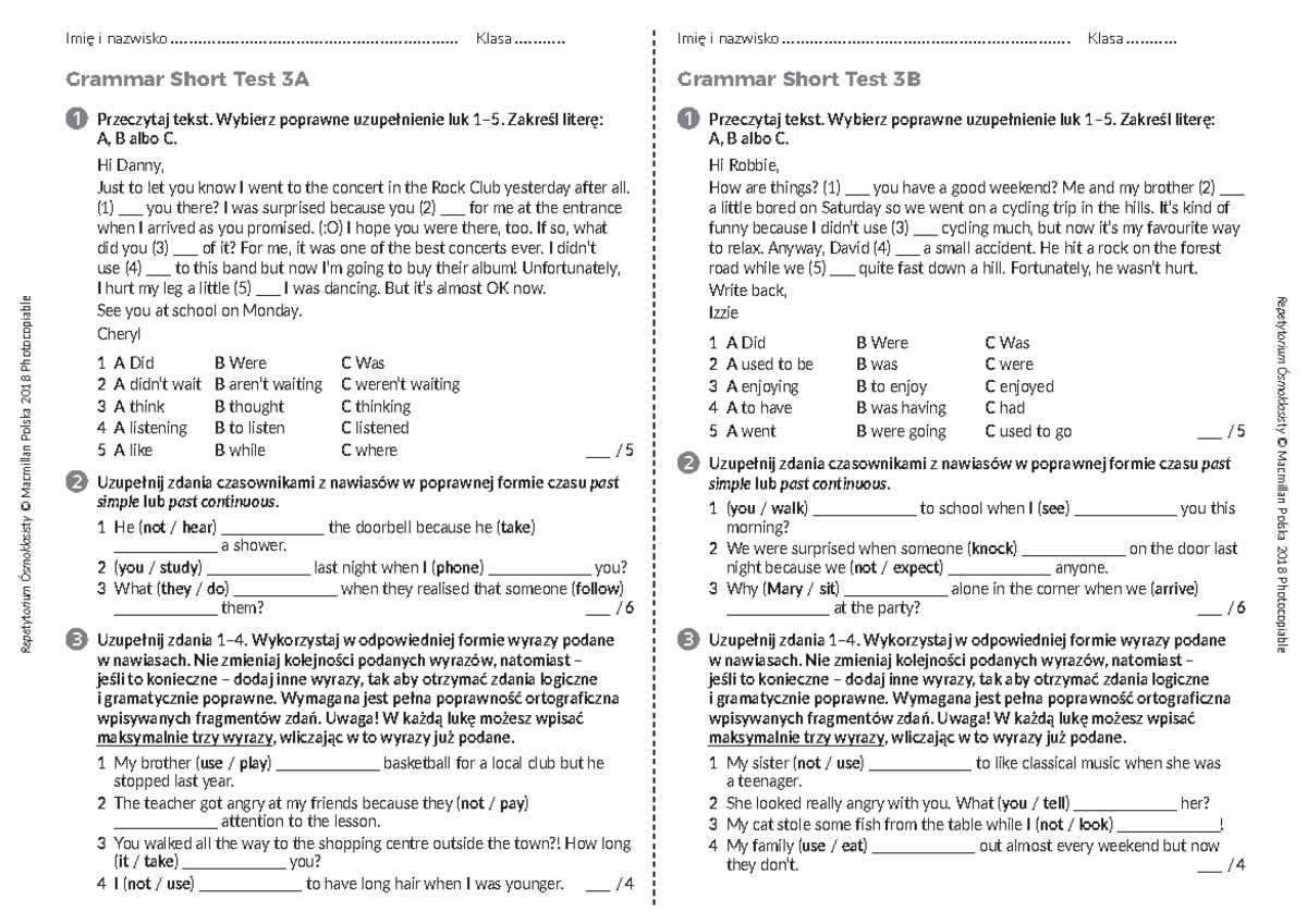 Unit 3 A&B gram tests - cwiczenia - Imię i nazwisko Klasa Imię i