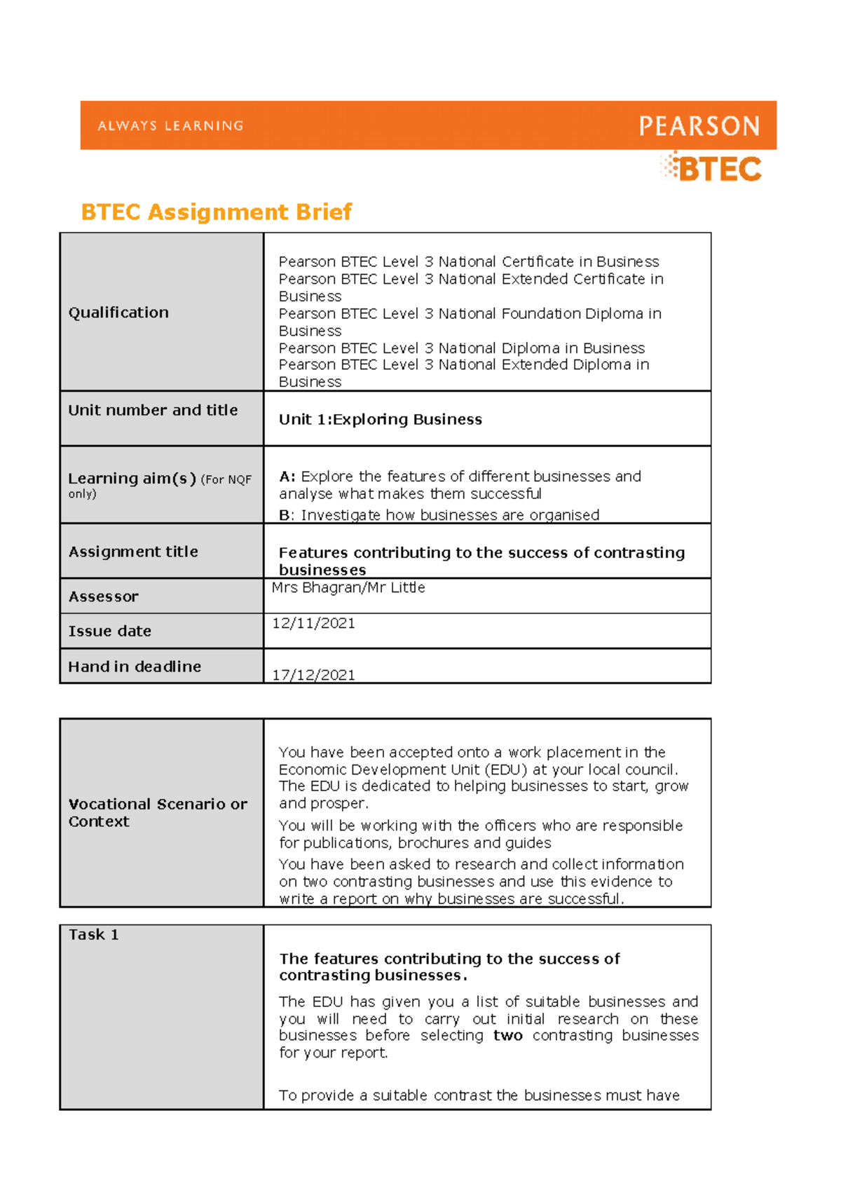 AA Brief Learning Aims A B, Unit1Exploring Business 2020 - ME30197 ...