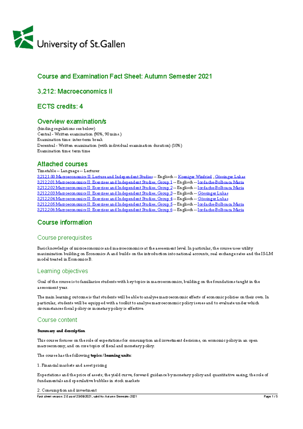 Course Fact Sheet - Course and Examination Fact Sheet: Autumn Semester ...