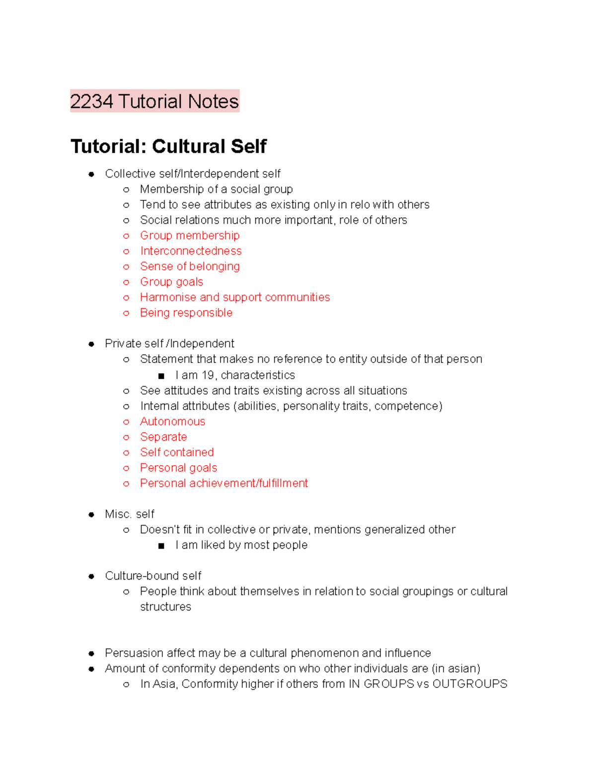 2234 Final Tutorial Notes - 2234 Tutorial Notes Tutorial: Cultural Self ...