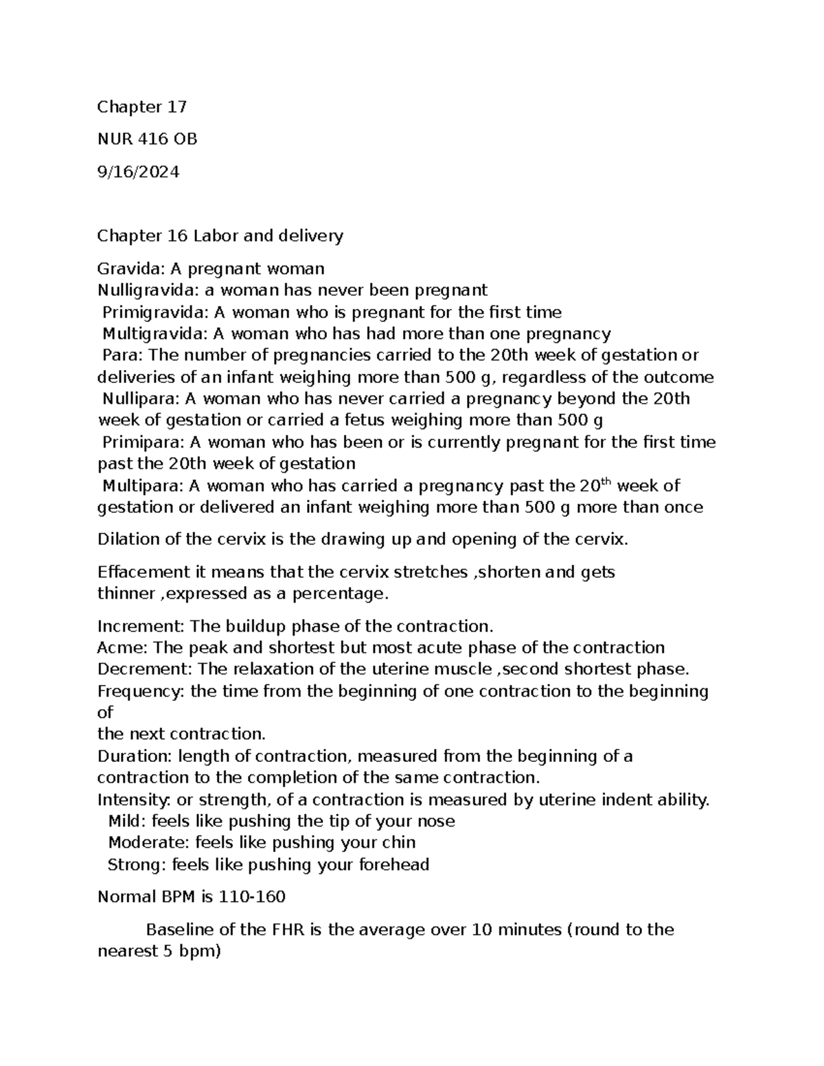 Fall24.OB - 16,17,18,22,23,24,25 - Chapter 17 NUR 416 OB 9/16/ Chapter ...