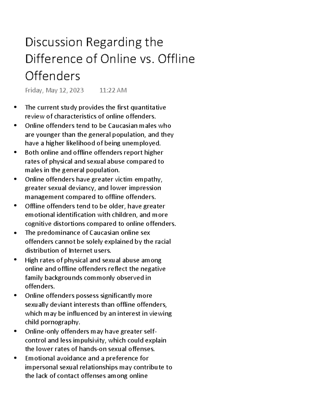 Discussion Regarding the Difference of Online vs. Offline Offenders ...