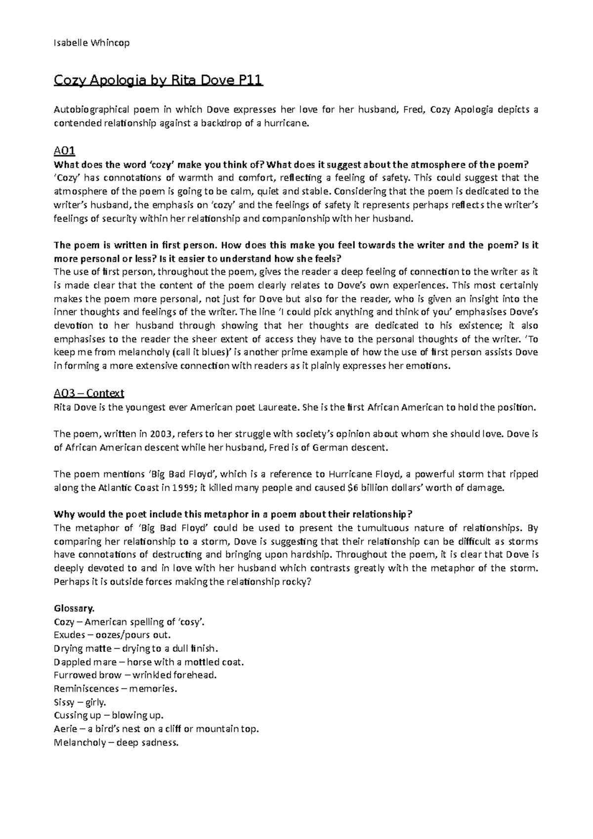 Cozy Apologia by Rita Dove P11 Cozy Apologia by Rita Dove P