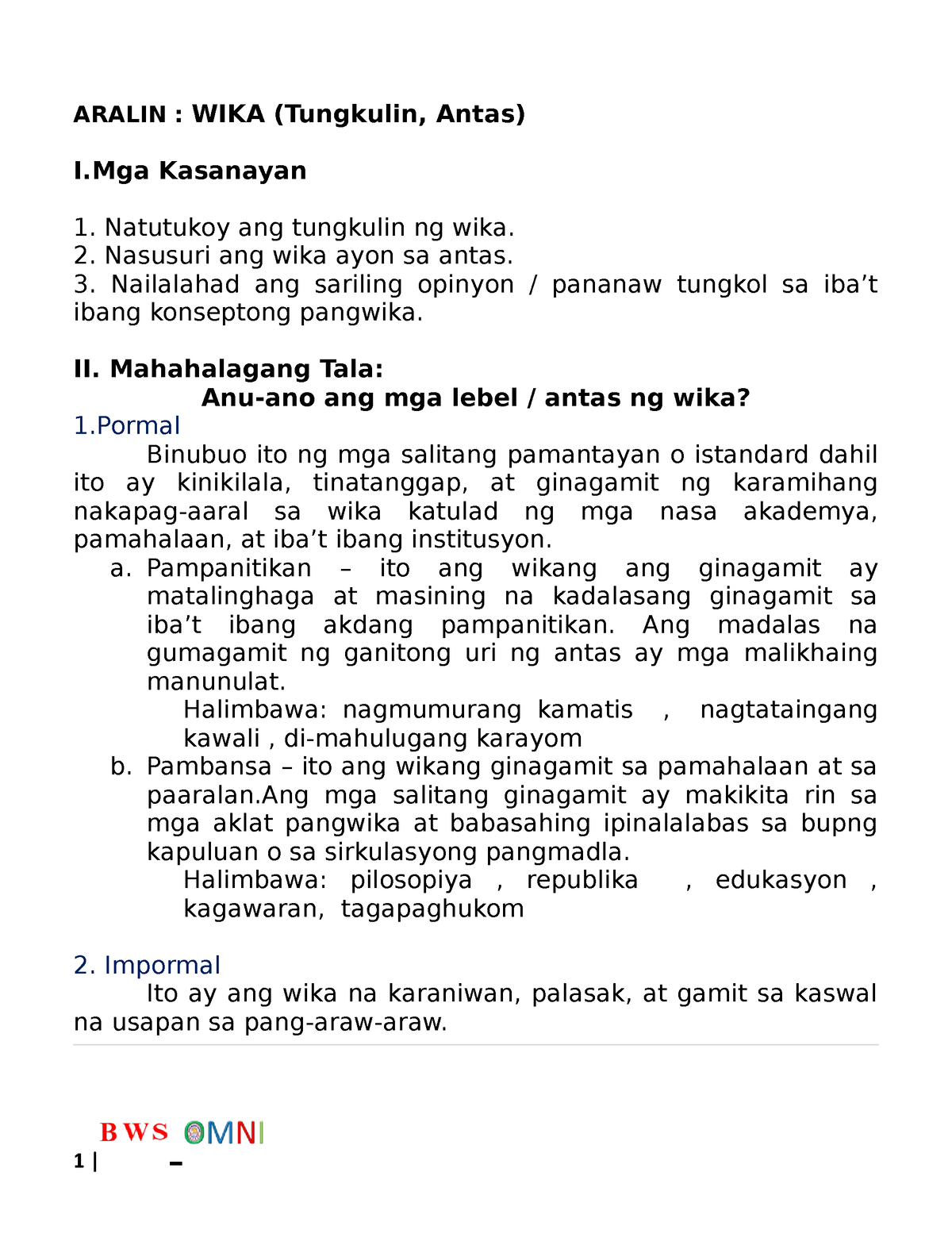 Module 2 - ARALIN : WIKA (Tungkulin, Antas) I Kasanayan 1. Natutukoy ...