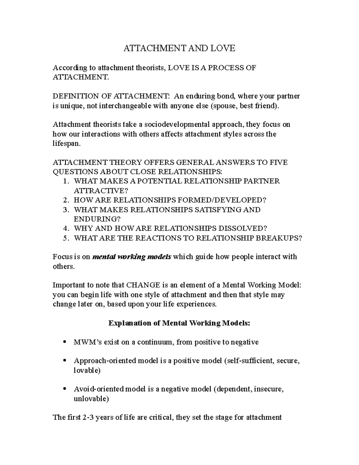 Attachment AND LOVE Lecture - ATTACHMENT AND LOVE According to ...