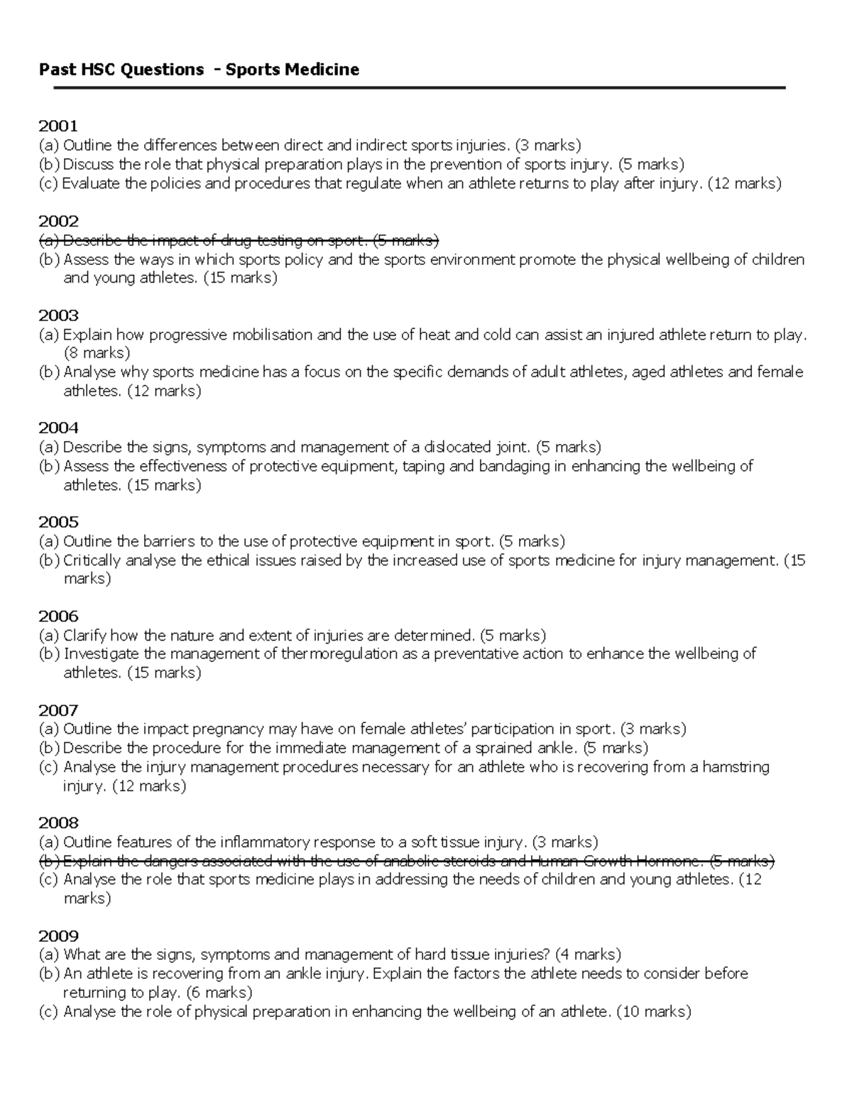 Sports med HSC Questions Past HSC Questions Sports Medicine 2001 (a