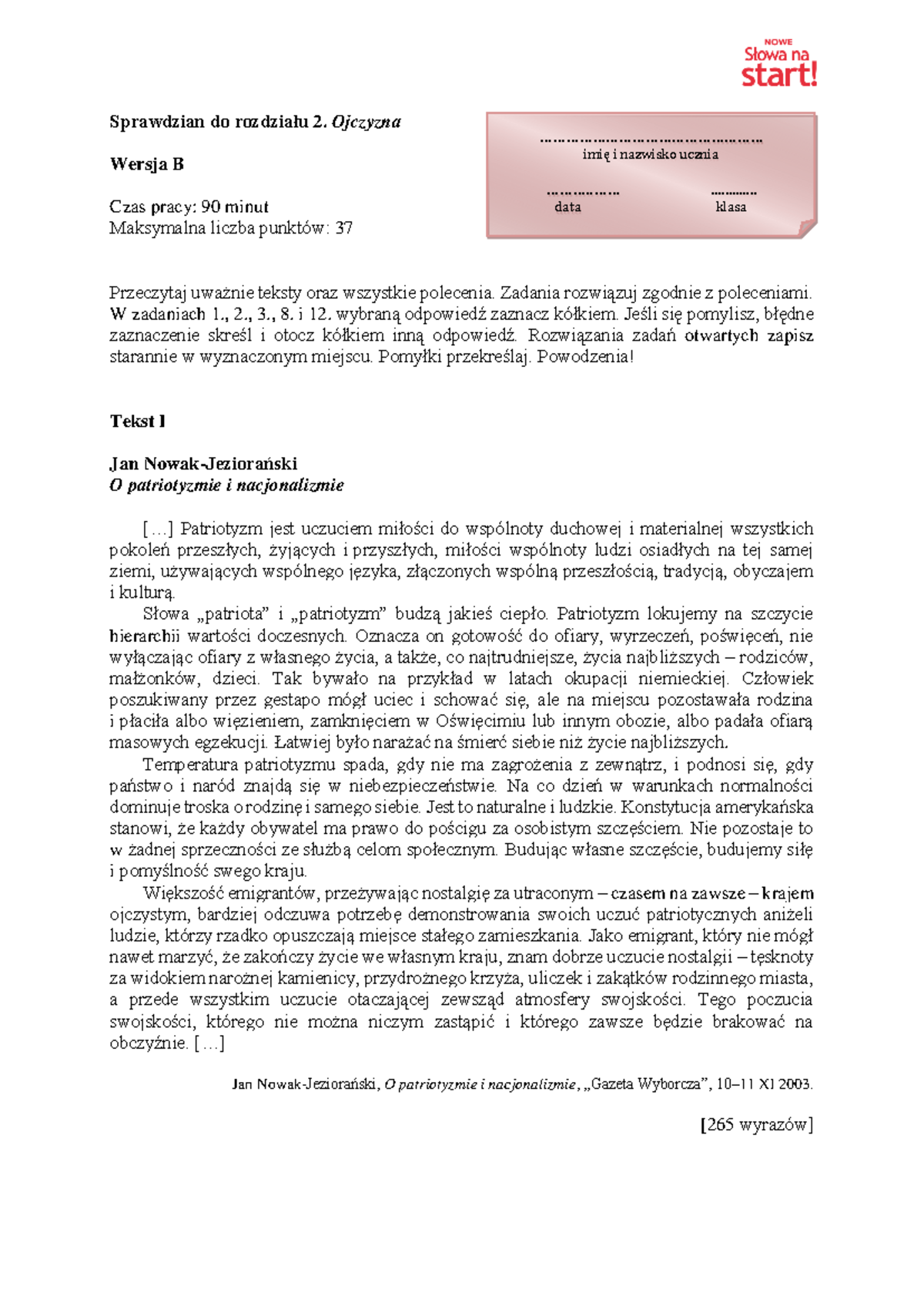 Test podsumowujacy do rozdzialu 2 ojczyzna grupa 3 - Sprawdzian do