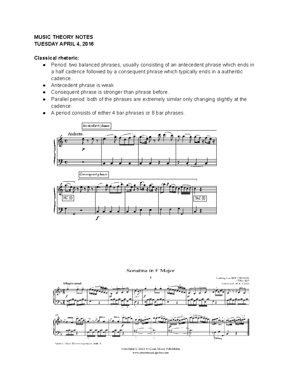 MUS 161 0 Notes 4/5 and 4/7 - MUSIC THEORY NOTES TUESDAY APRIL 4, 2016 ...