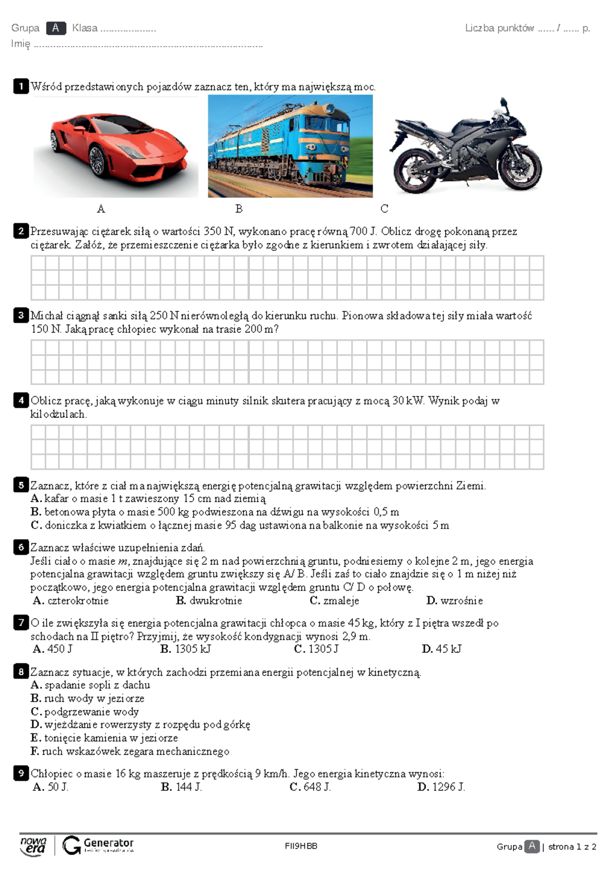 Fizyka Gimnazjum 2 Sprawdzian Sila Moc Energia www.studocu.com