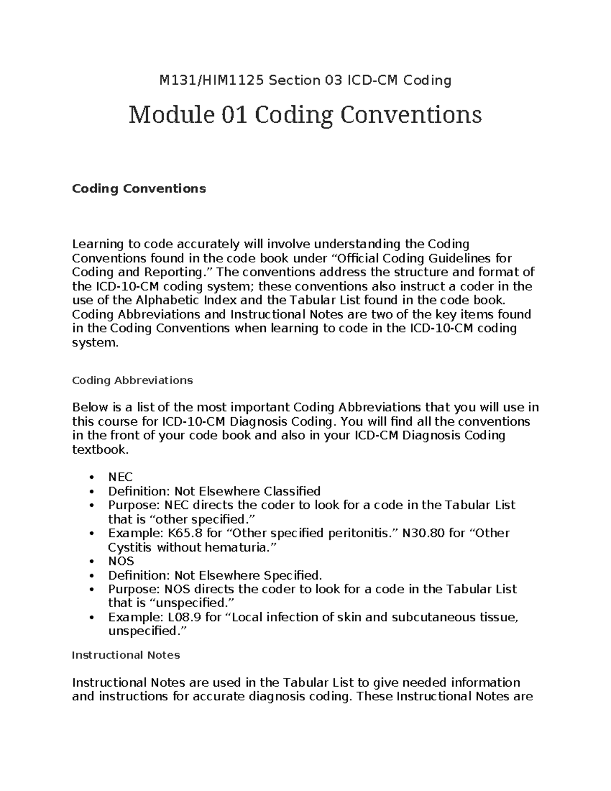M131HIM1125 Module 01 Coding Conventions - M131/HIM1125 Section 03 ICD ...