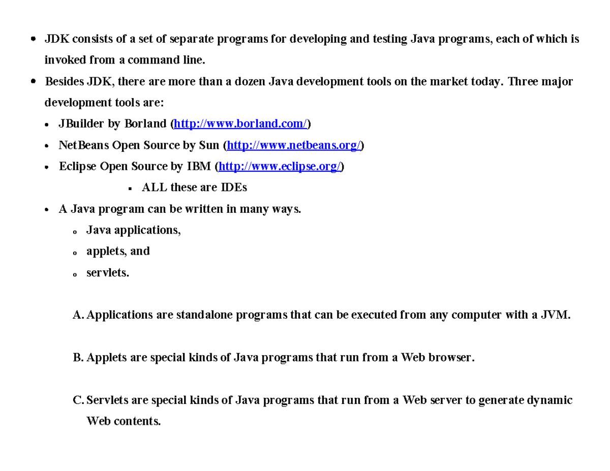 introduction to java - JDK consists of a set of separate programs for ...