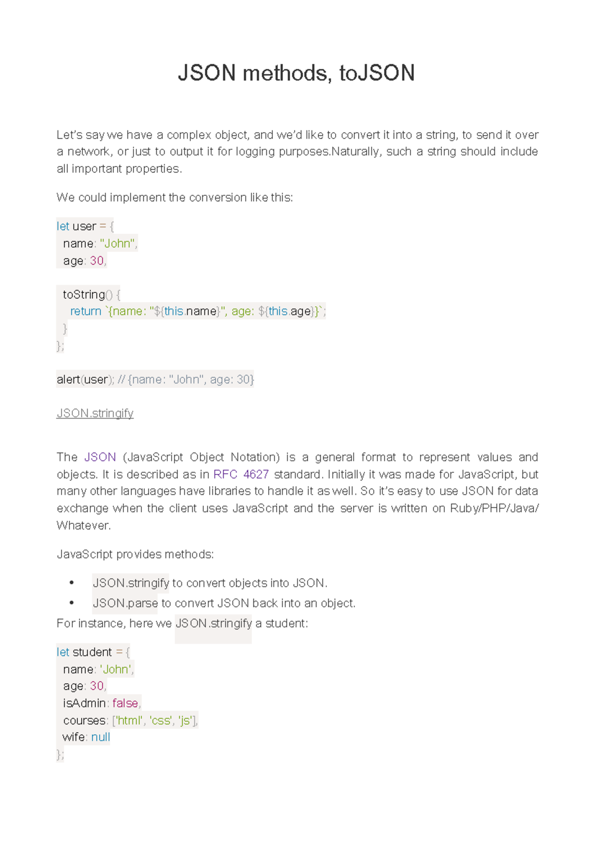 Javascript - JSON - JSON methods, toJSON Let’s say we have a complex ...