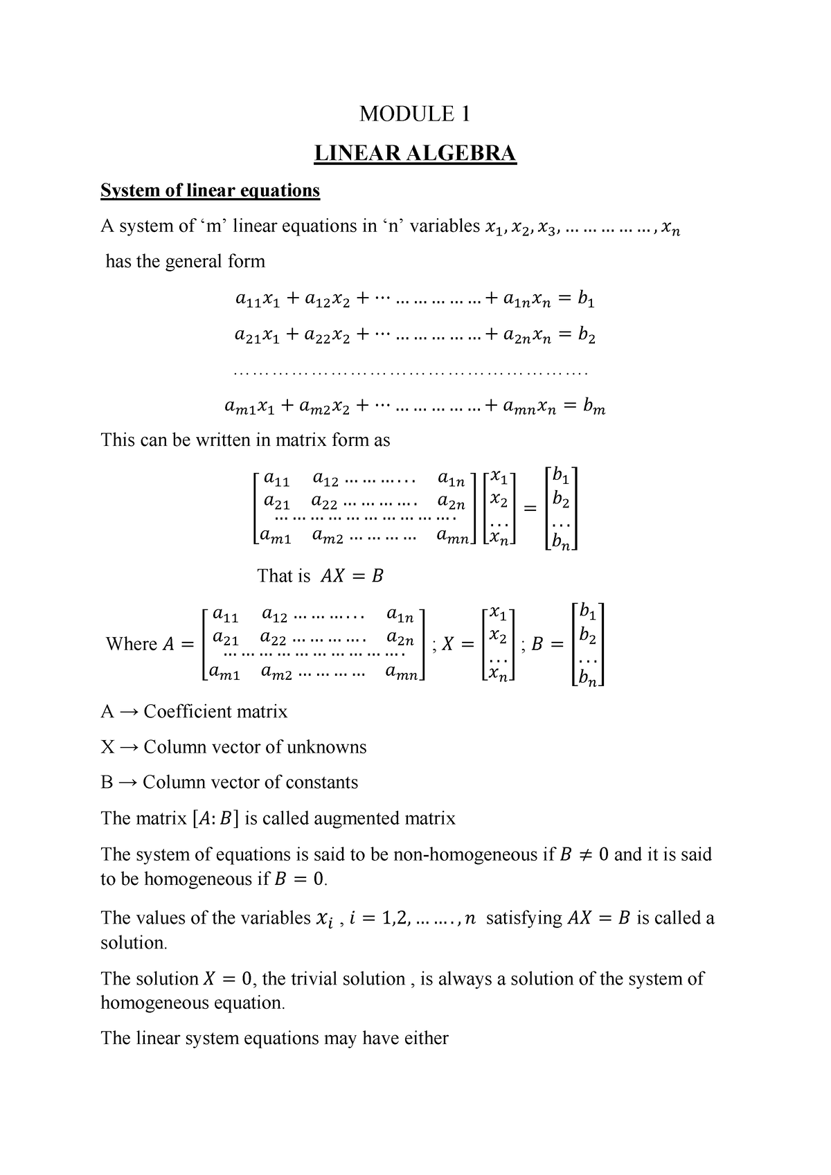 Module 1 - It Is Lectures Notes - MODULE 1 LINEAR ALGEBRA System Of ...