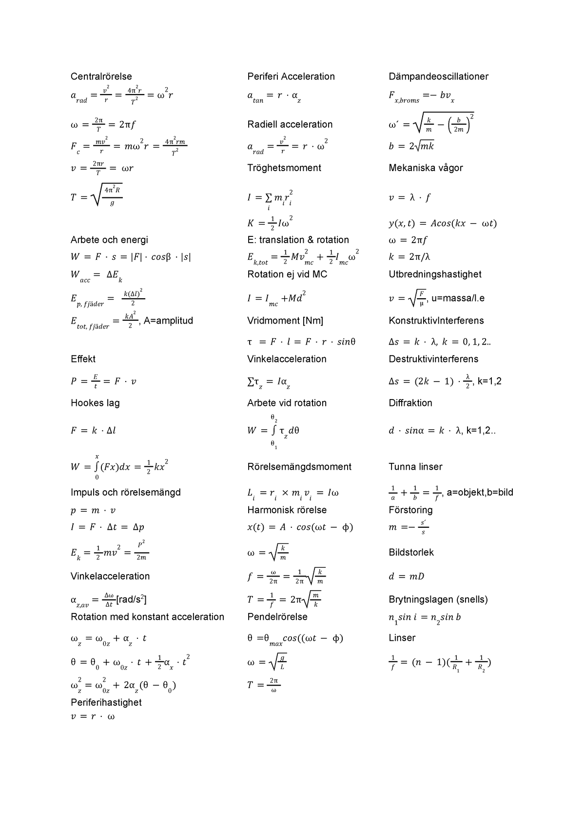 Formelblad Fysik - Centralrörelse Periferi Acceleration ...